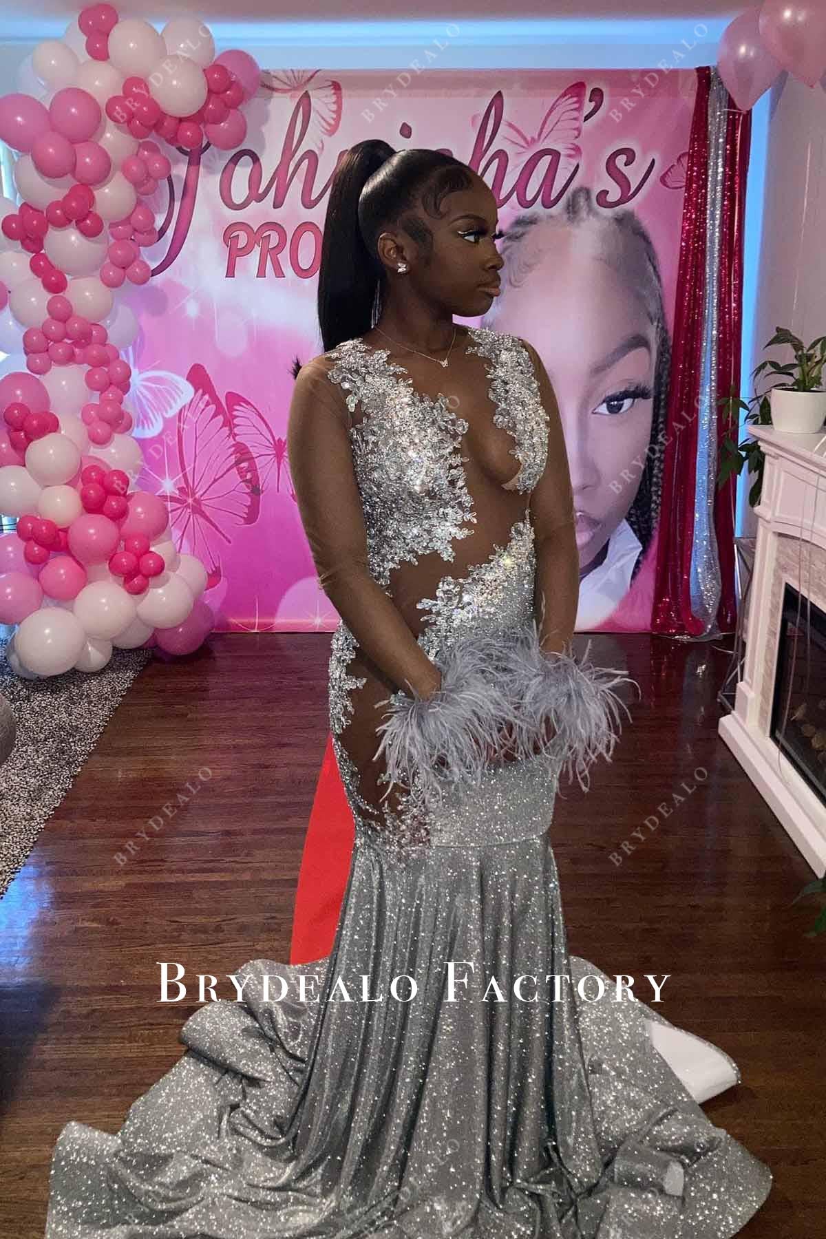 illusion sleeves feathered trumpet prom dress