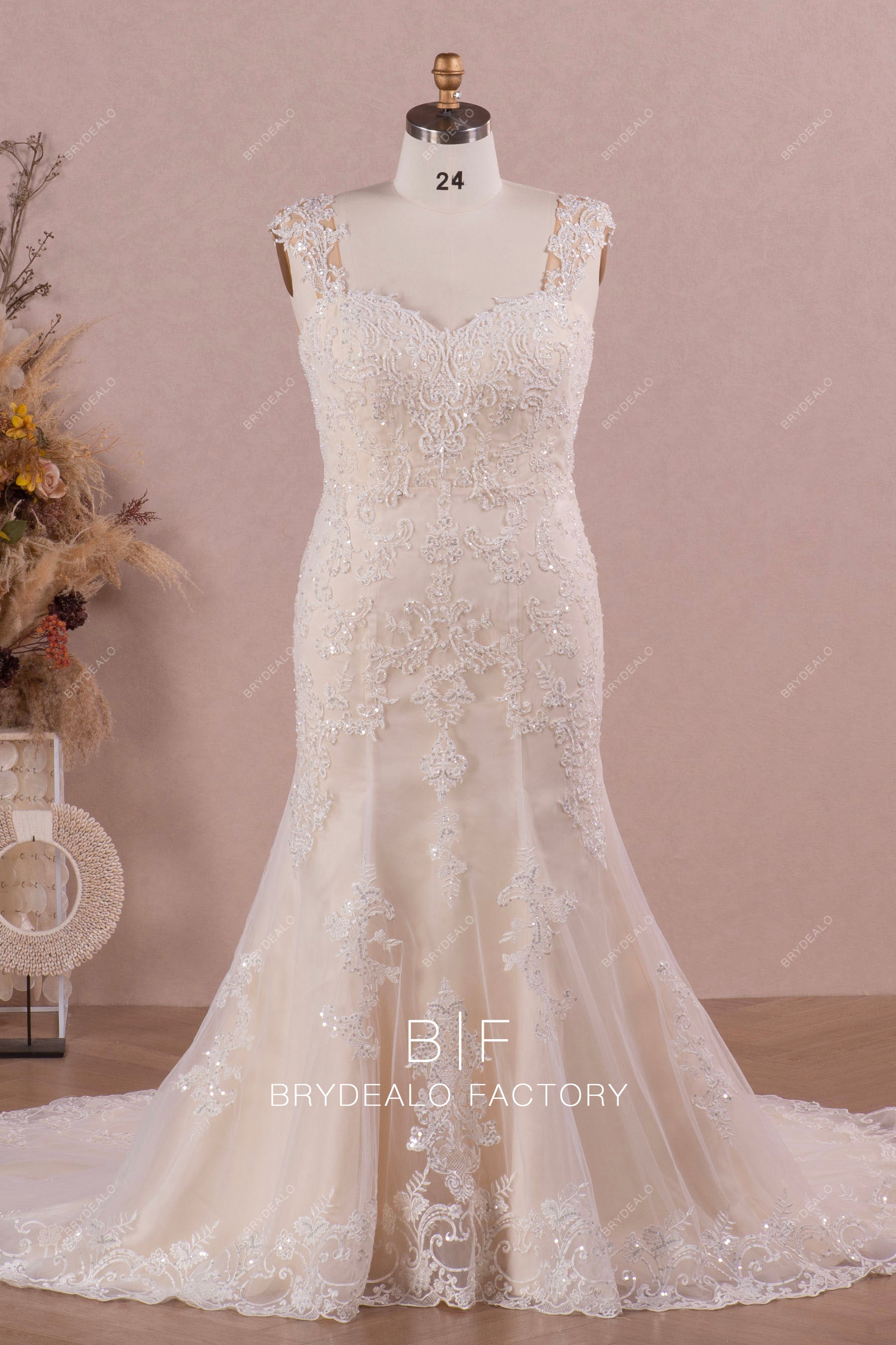 Plunging Open Back Shimmery Lace Mermaid Designer Wedding Dress, Champagne Plunging Open Back Shimmery Lace Mermaid Designer Wedding Dress, Champagne