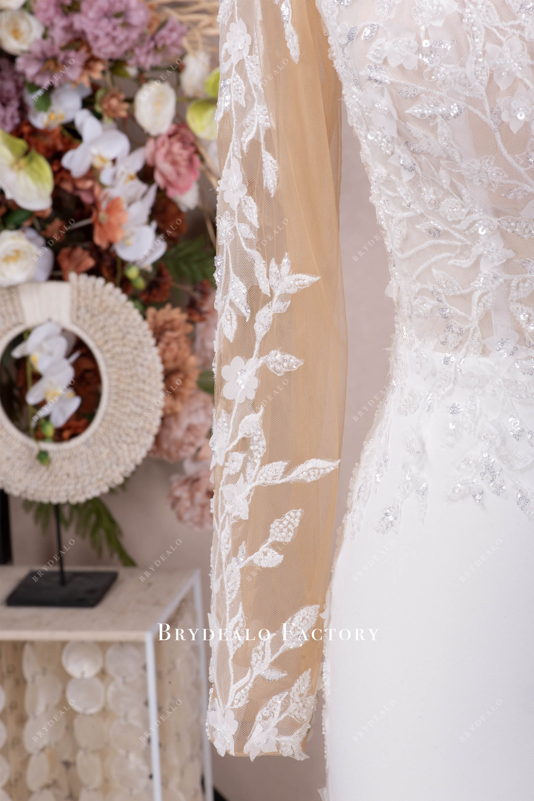 illusion nude tulle lace bridal gown