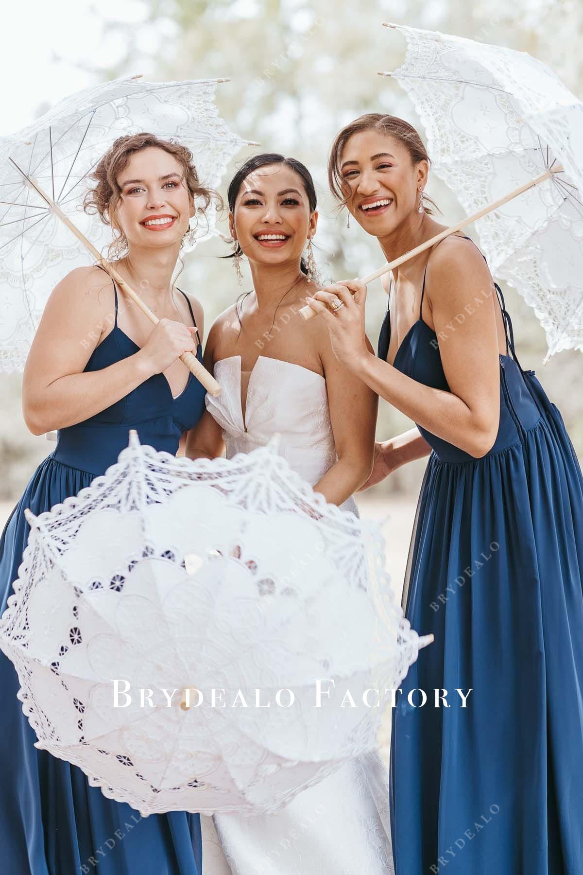 ink blue lace up back bridesmaid dress