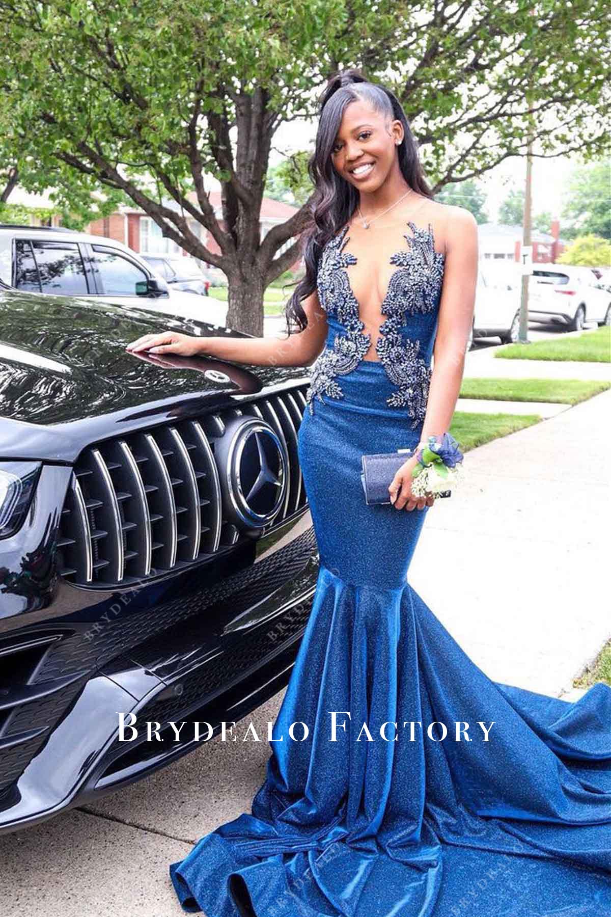 ink blue velvet long train prom dress
