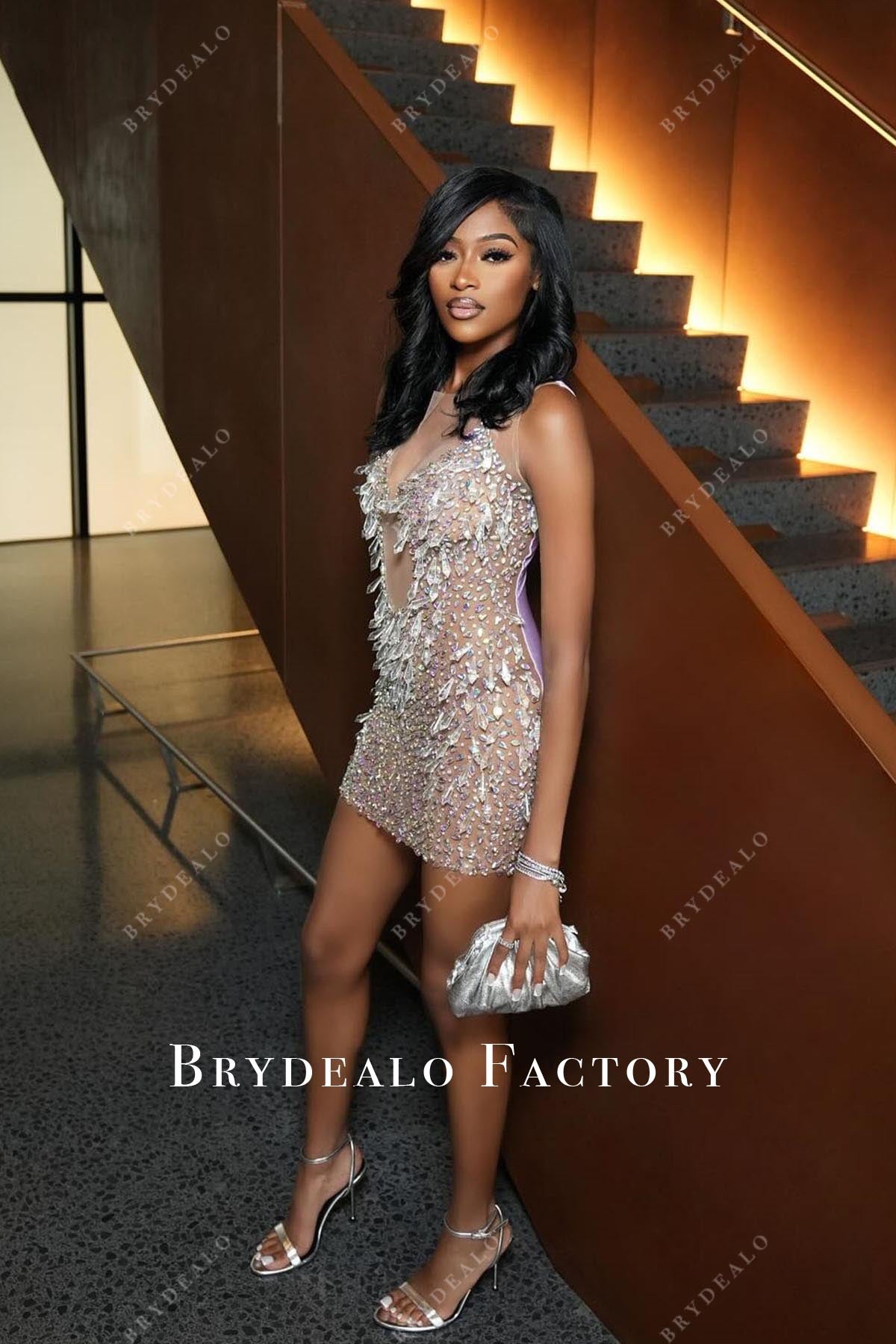 iridescent crystal sleeveless mini prom dress