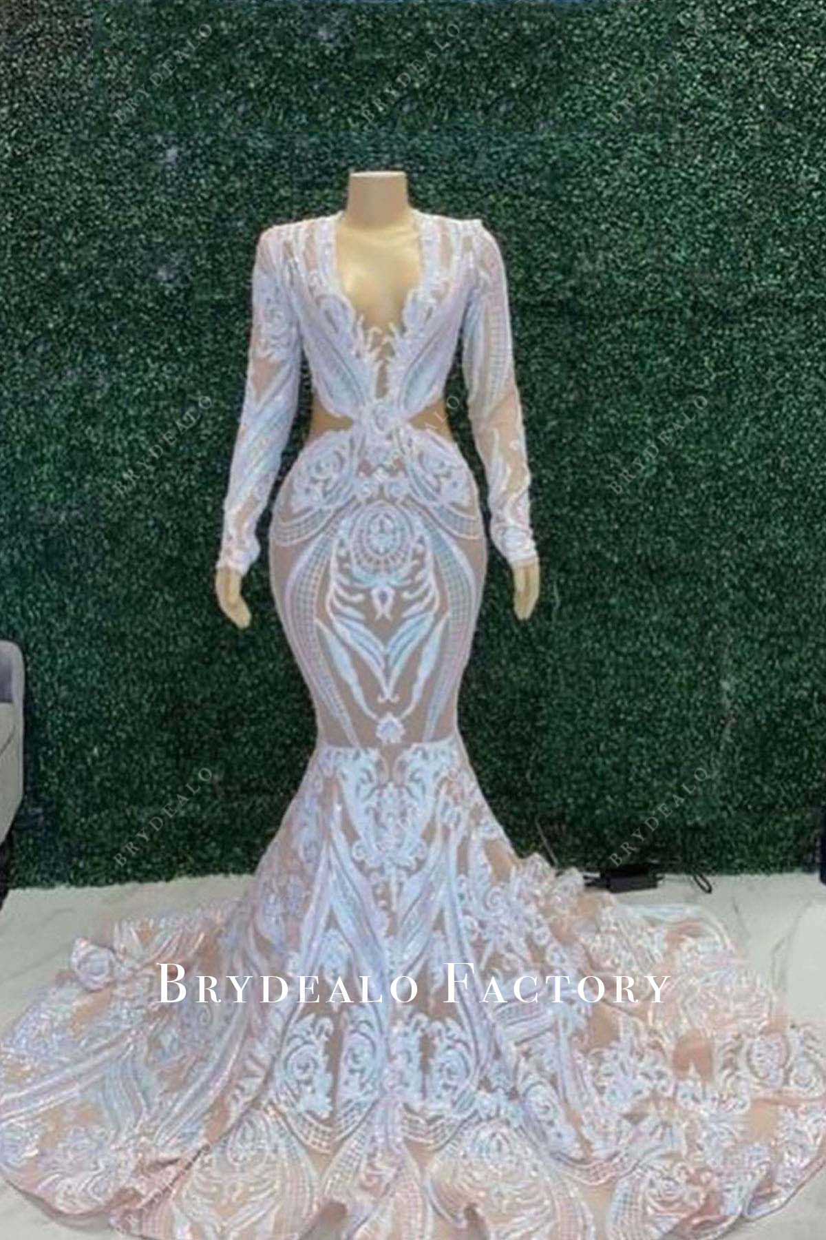 Iridescent Embroidery Sequin Plunging Neck Trumpet Prom Dress