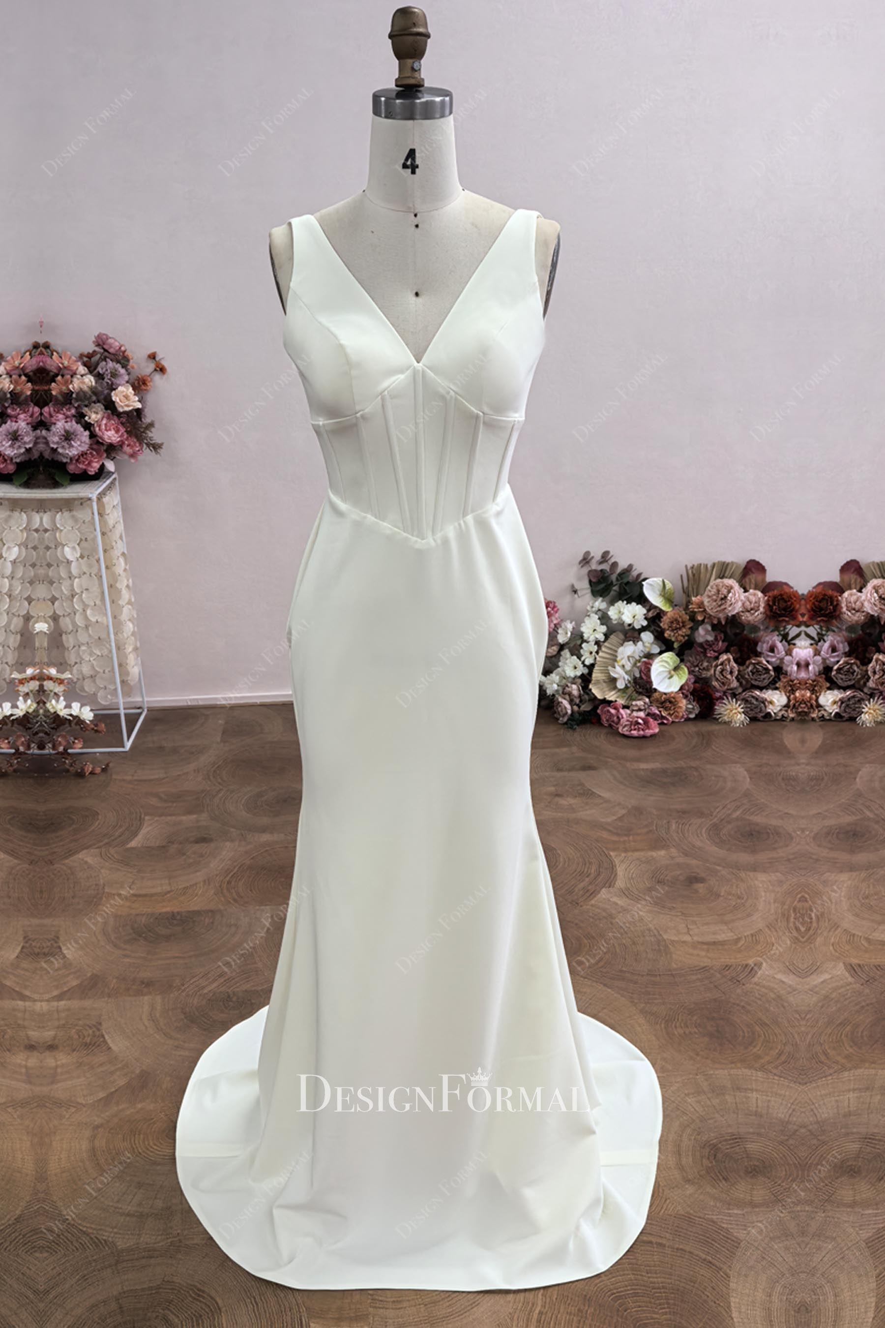 Custom Corset Ivory Crepe Basque Waist Bridal Gown