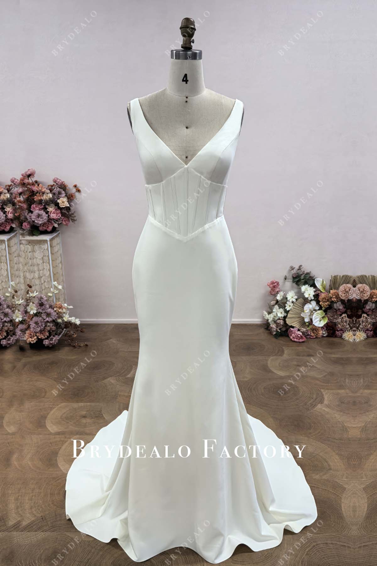 Custom V-neck Ivory Crepe Mermaid Wedding Dress, Ivory