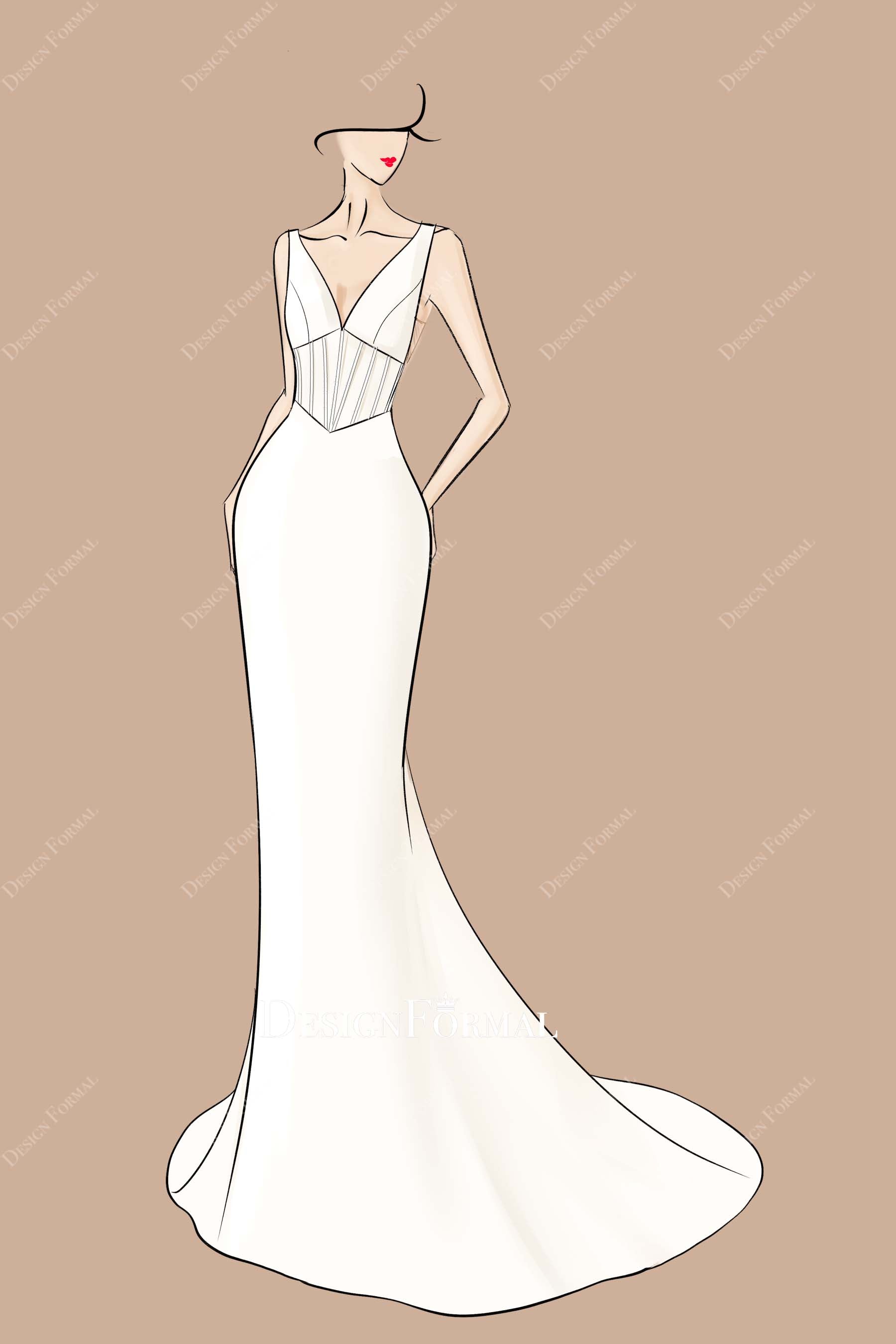 Ivory Crepe Plunging Neck Corset Mermaid Bridal Dress Sketch