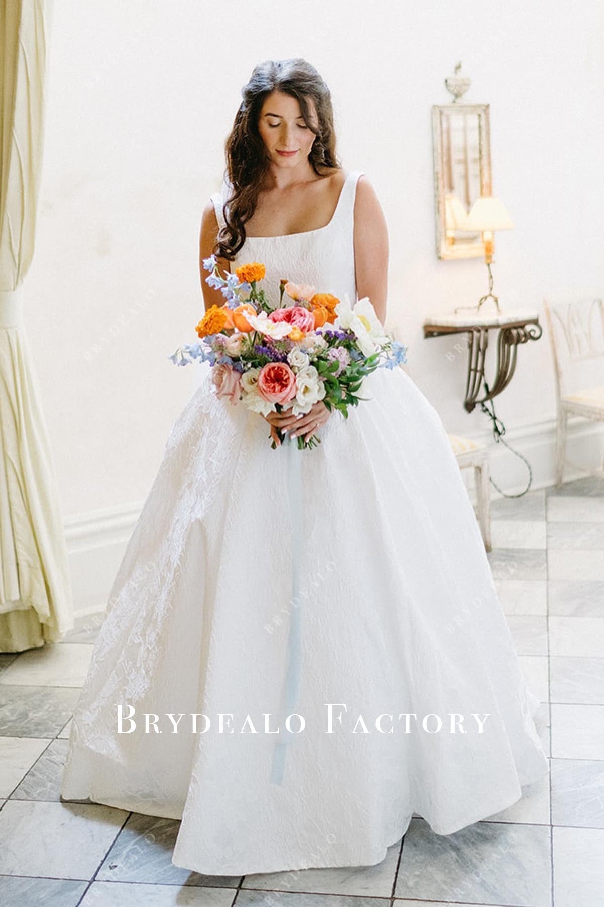 Jacquard Wide Straps Square Neck A-Line Wedding Dress, Dress+Veil