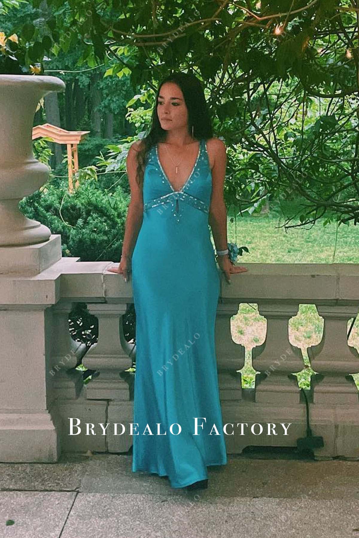 maxi dress homecoming Jade Satin Plunging Neck Floor Length Homecoming Dress