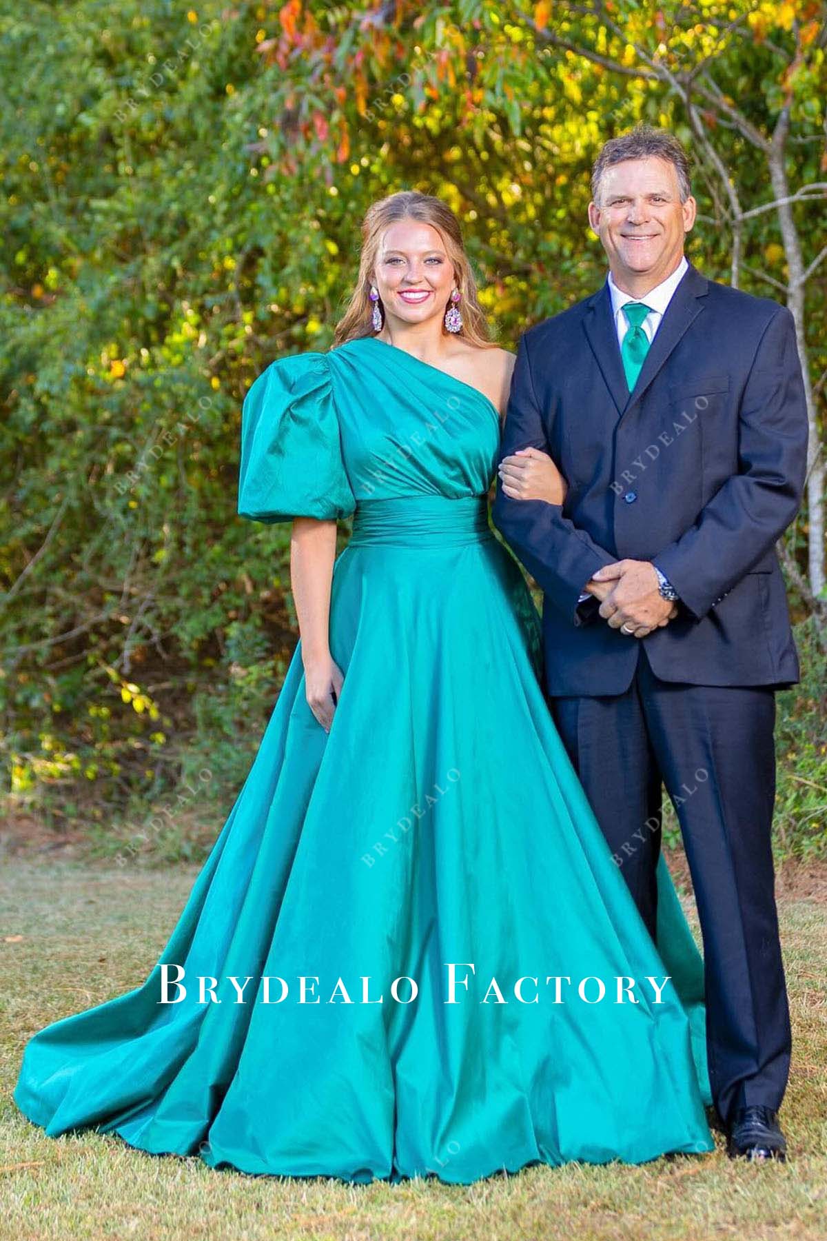 Jade One Sleeve A-Line Long Train Homecoming Dress