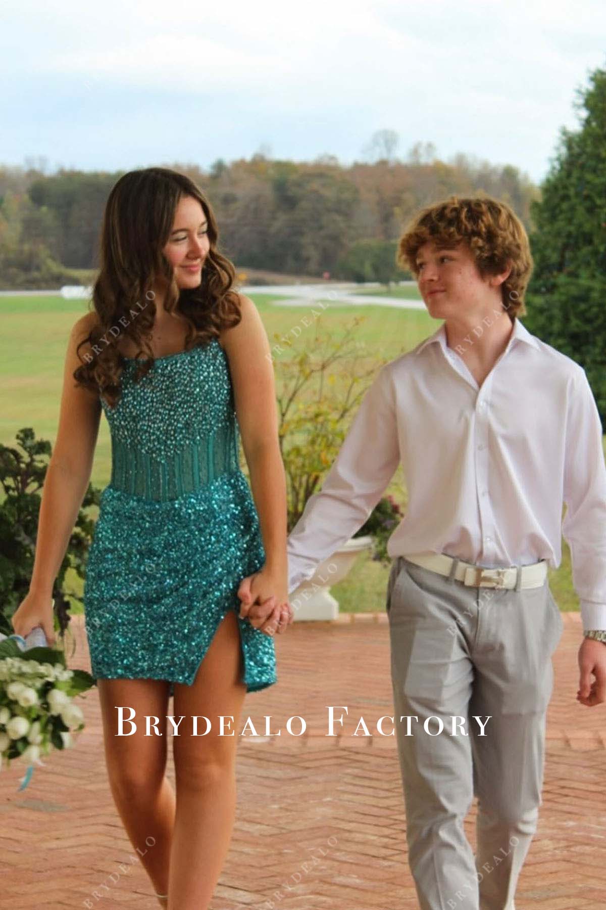 Jade Sequined Thin Straps Slit Mini Homecoming Dress