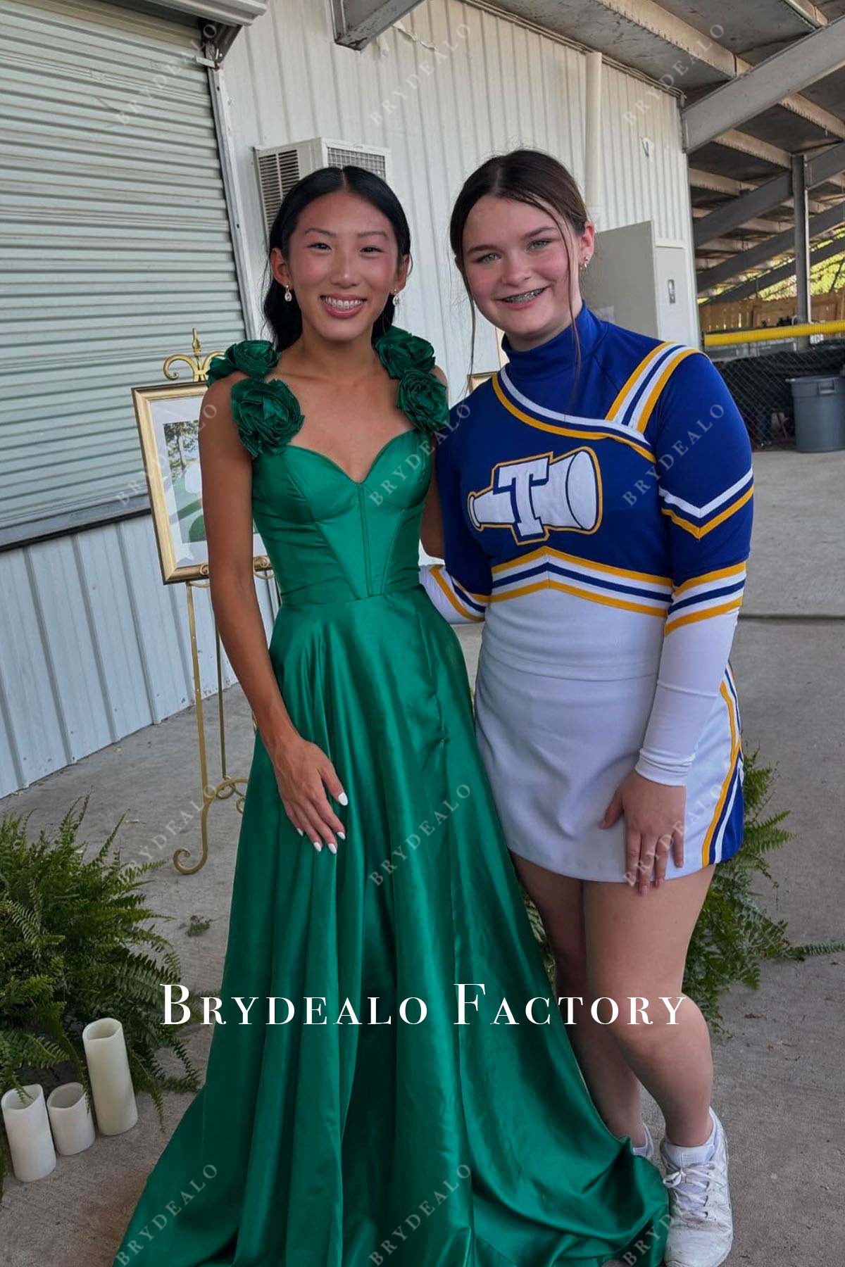 jungle green a line sweep train homecoming dress