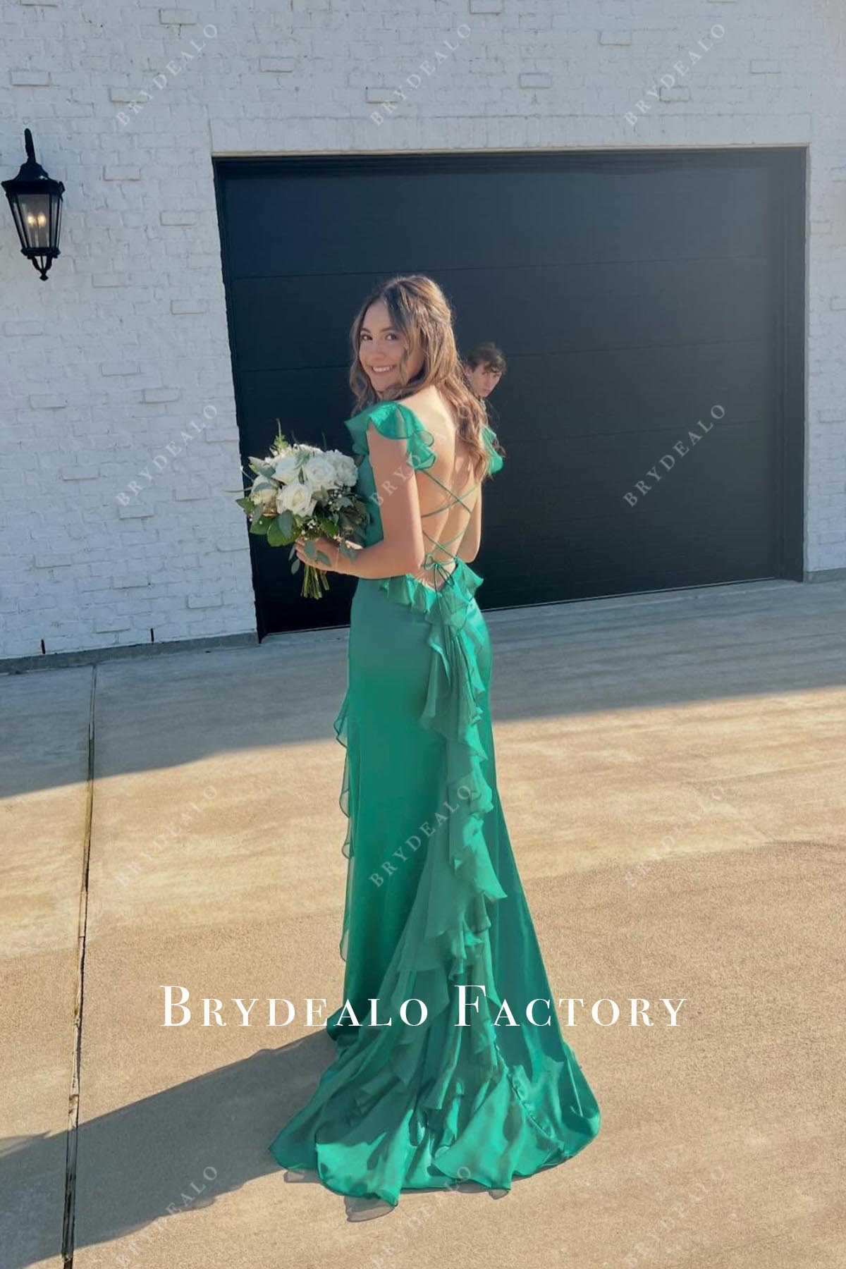 jungle green court train prom dress