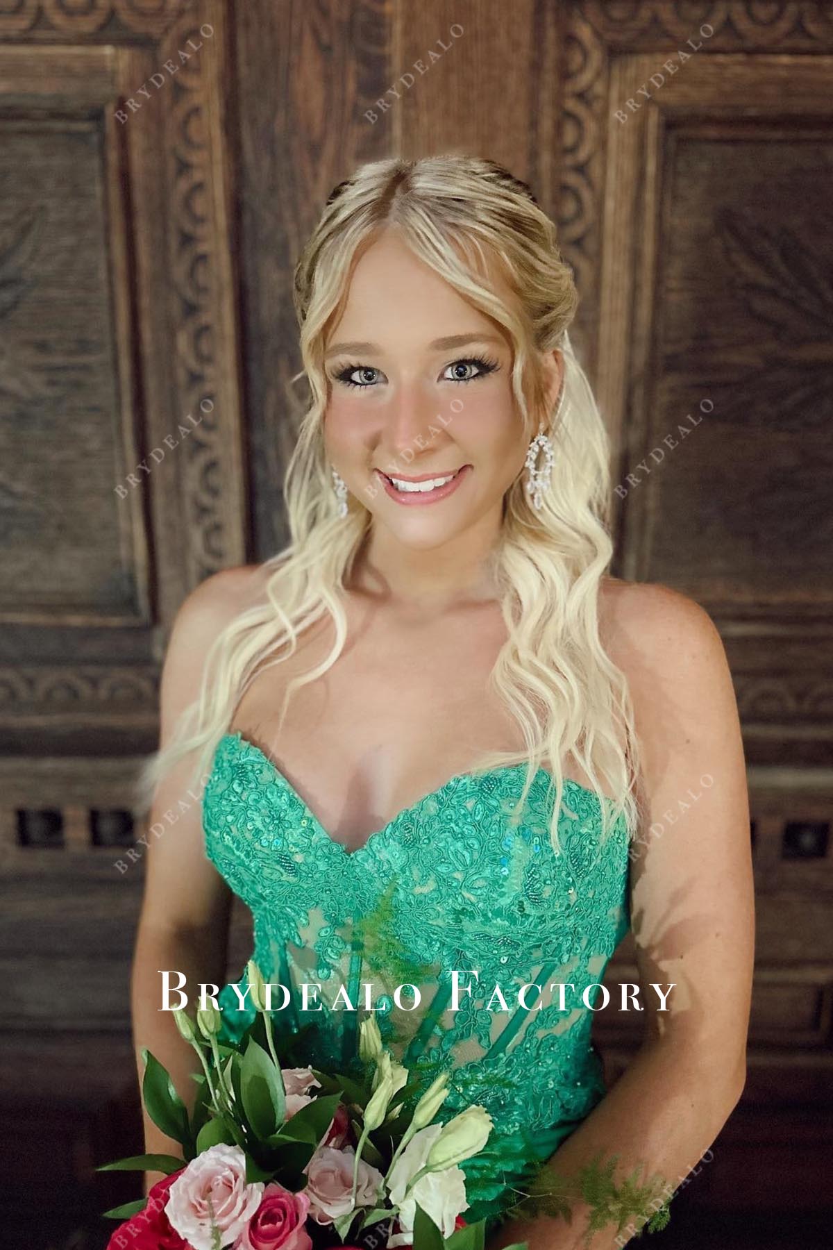 jungle green lace prom dress