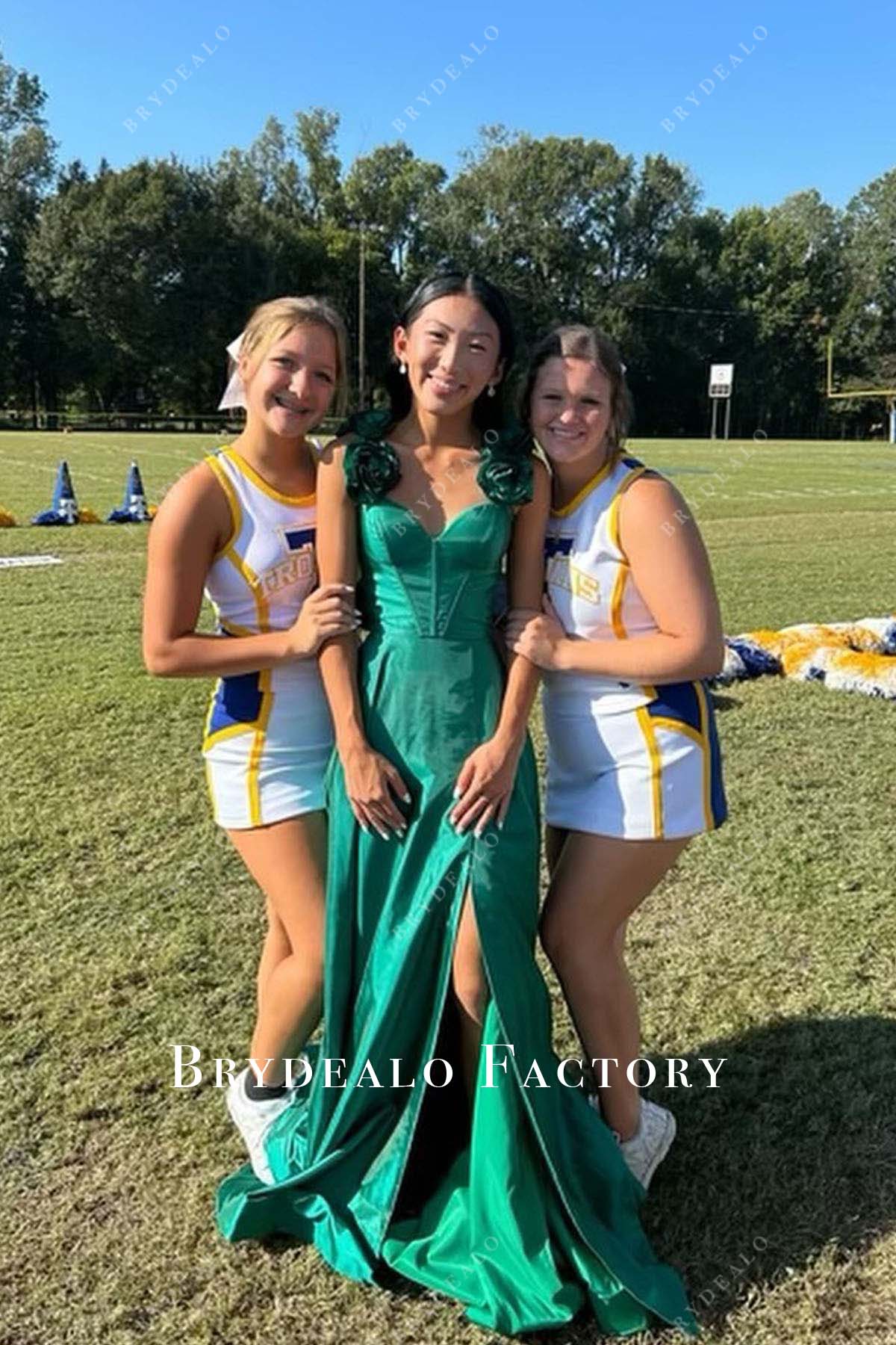 jungle green slit a line homecoming dress