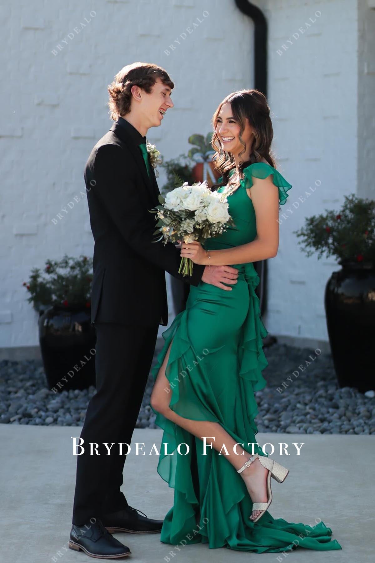 jungle green slit prom dress