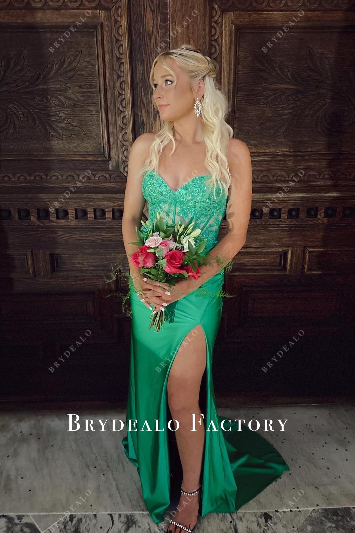 jungle green strapless prom dress