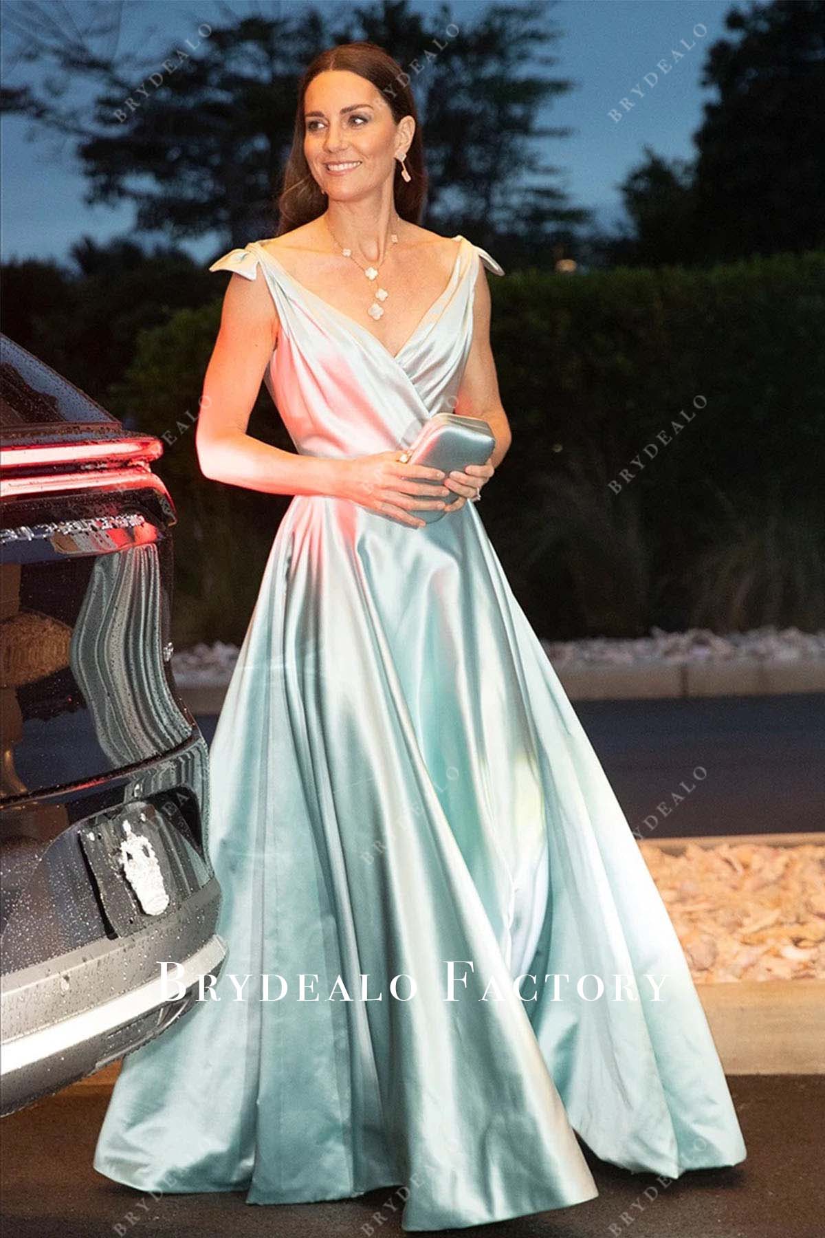 Kate Middleton Ice Blue Satin V-Neck Dress Bahamas Reception 2022 Kate Middleton Ice Blue Satin V-Neck Dress Bahamas Reception 2022