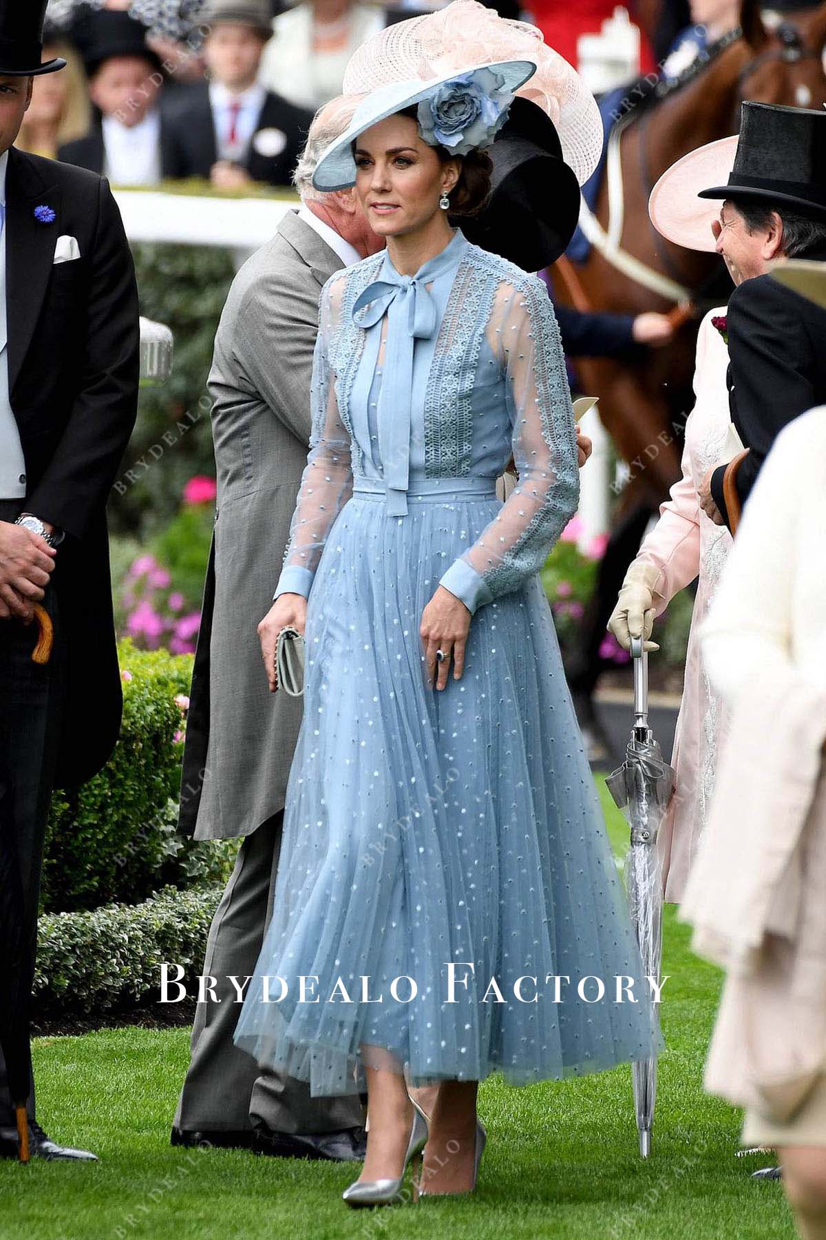 Kate Middleton Blue Dot Long Sleeve Royal Ascot 2019 Dress