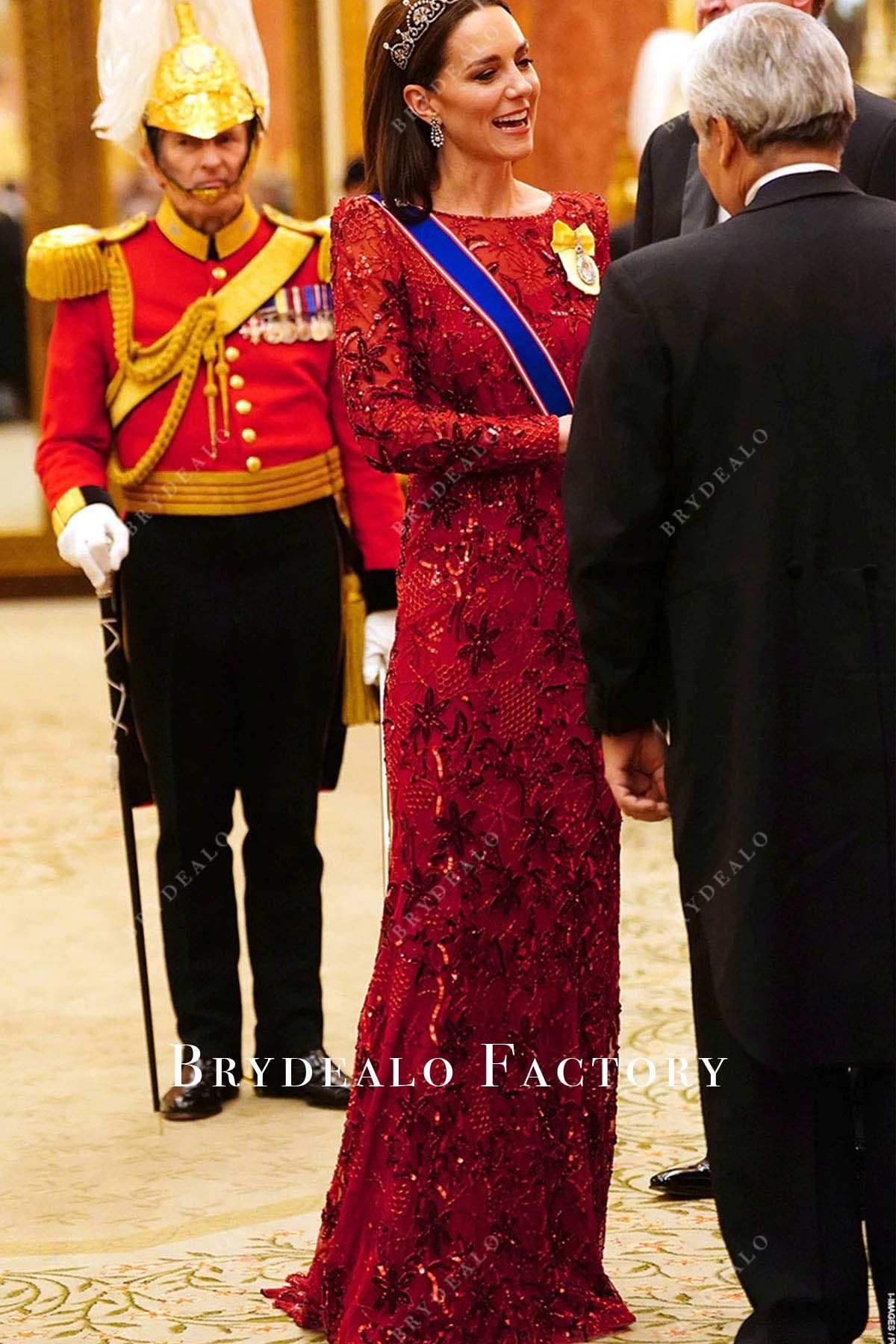 Kate Middleton Red Long Sleeve Mermaid Dress 2022 Diplomatic Reception Kate Middleton Red Long Sleeve Mermaid Dress 2022 Diplomatic Reception