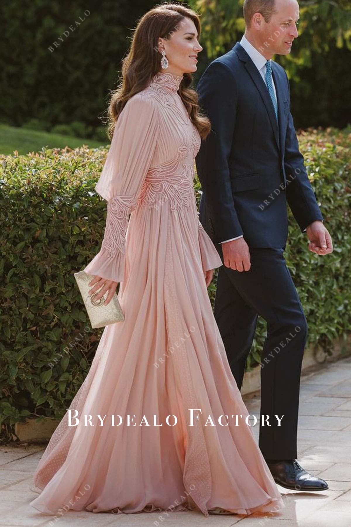 Kate Middleton Pink Long Sleeve A line Wedding Guest Dress