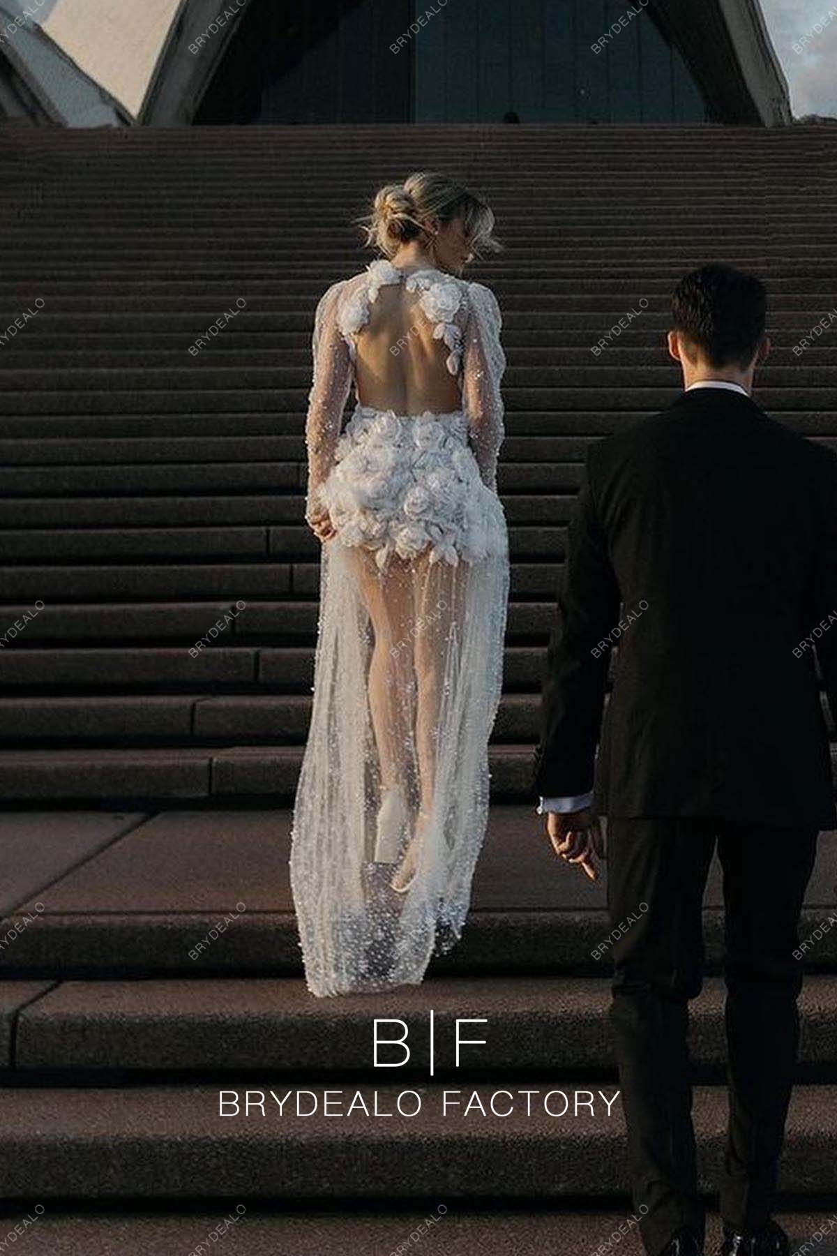 Designer Flowers Pearls Long Sleeve Beach Fit and Flare Bridal Dress