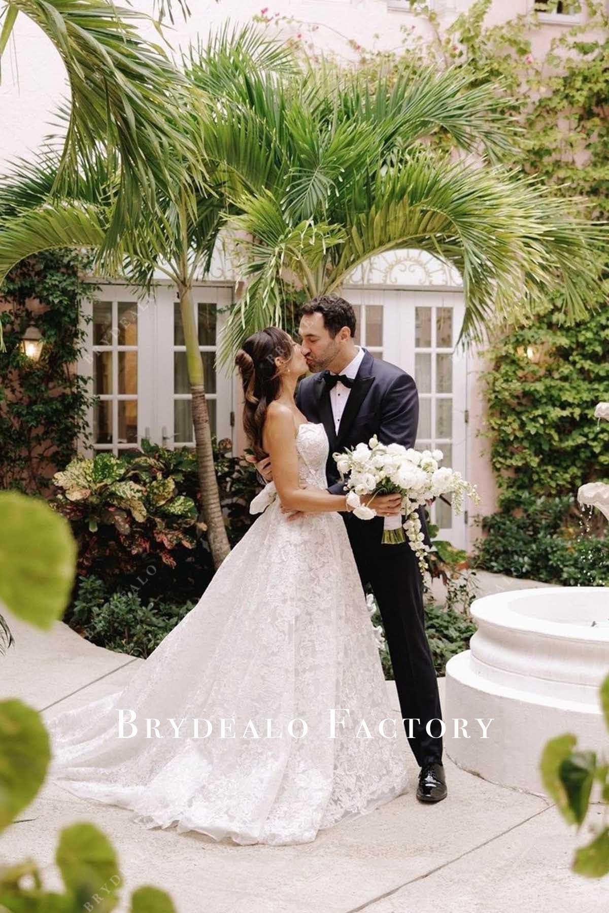 lace a line long train wedding dress