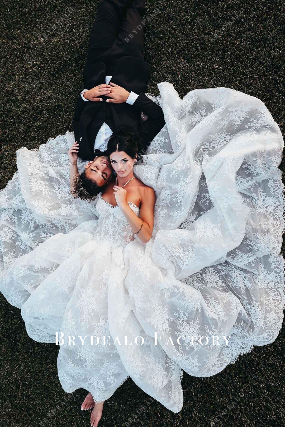 lace a line long train wedding dress