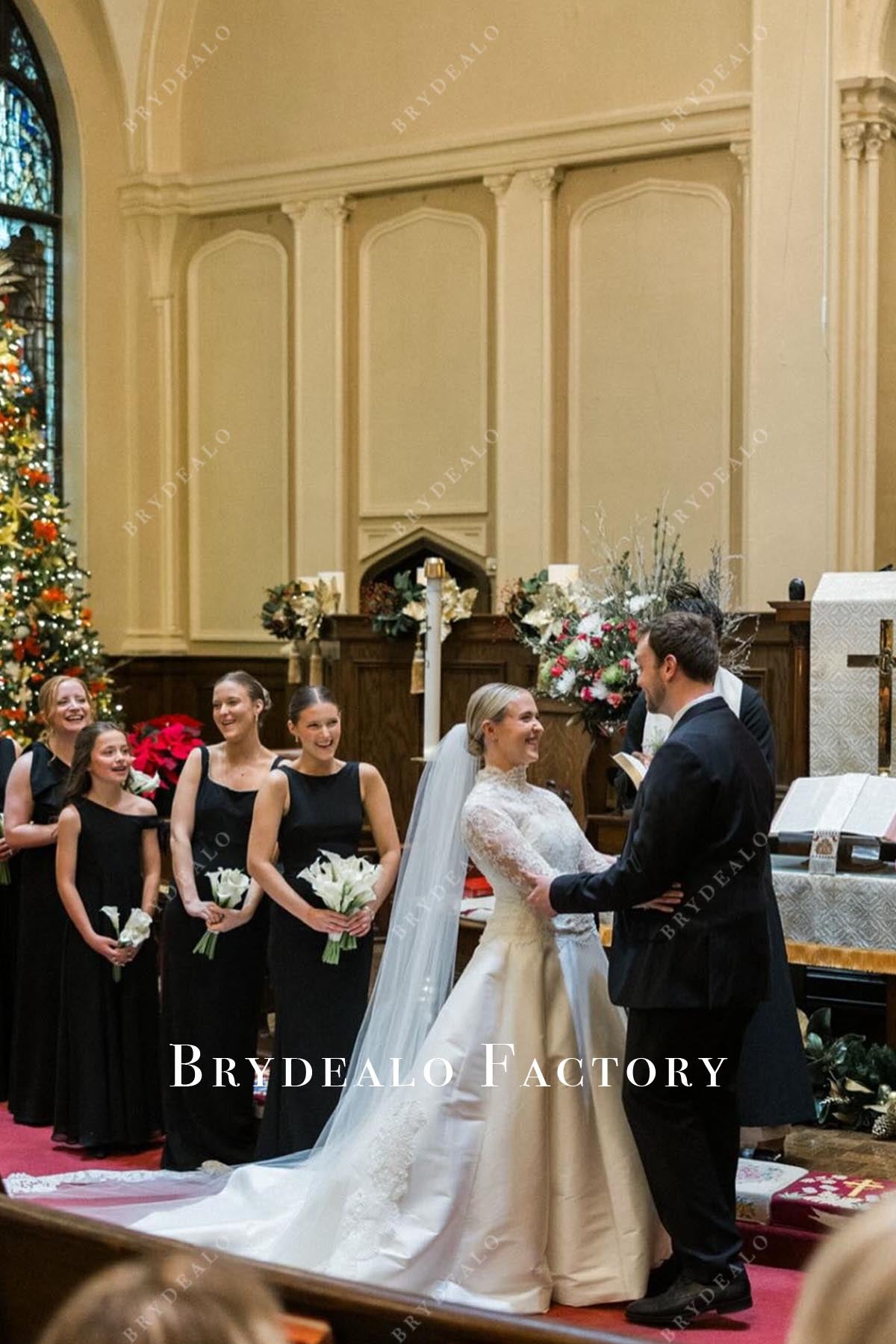 lace a line long train wedding dress