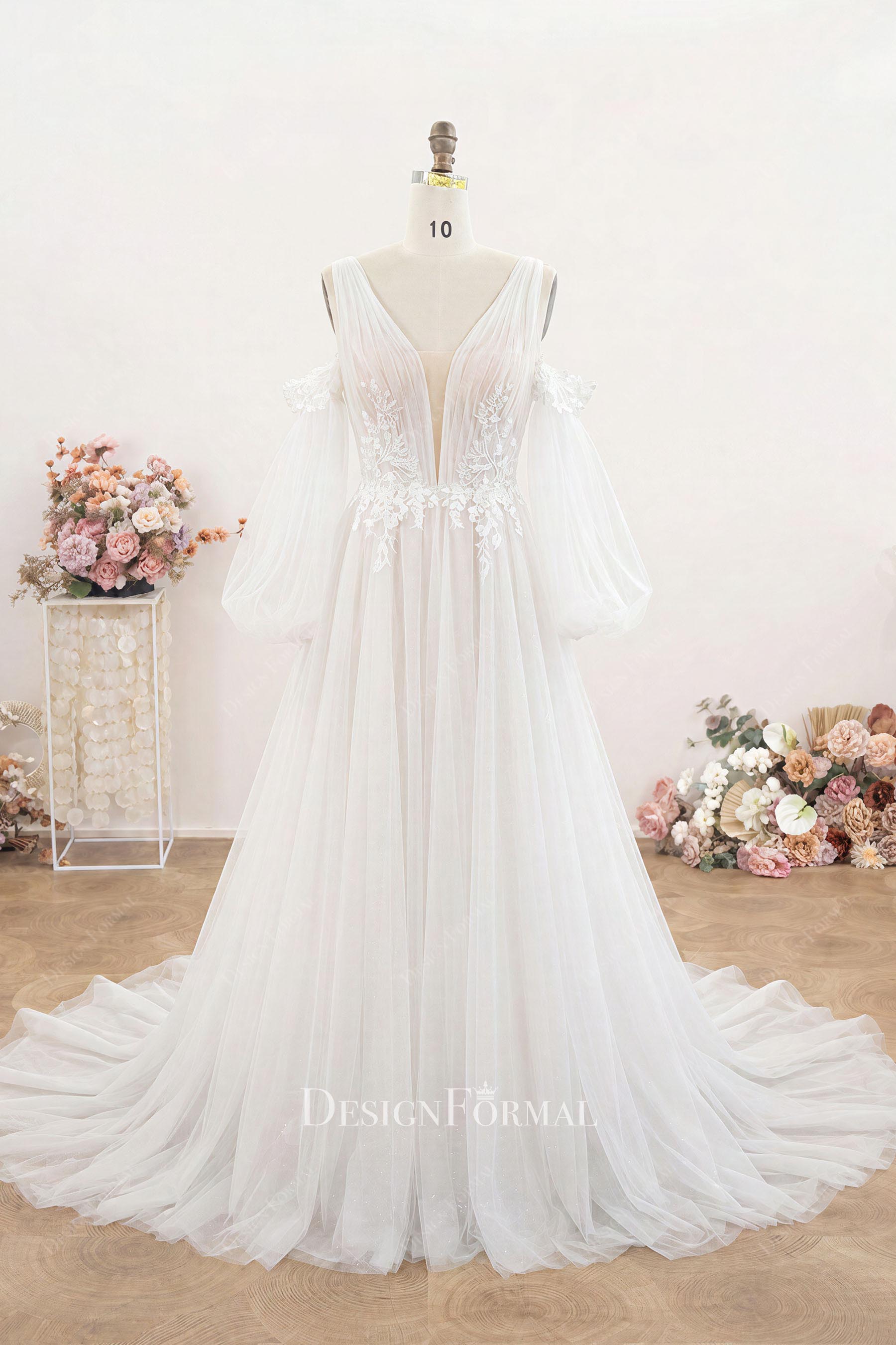 lace applique illusion sleeve a line wedding dress