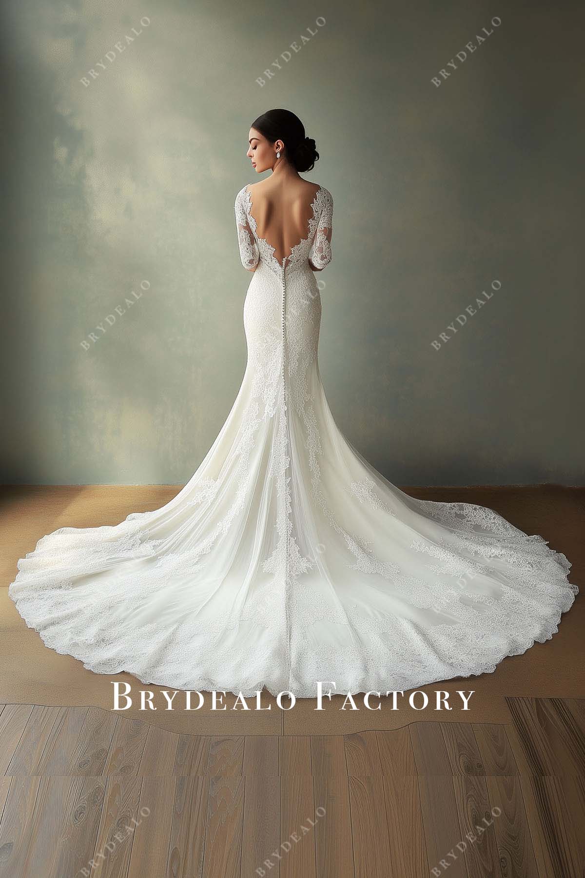 backless sheer sleeve custom lace mermaid long train wedding dress backless sheer sleeve custom lace mermaid long train wedding dress