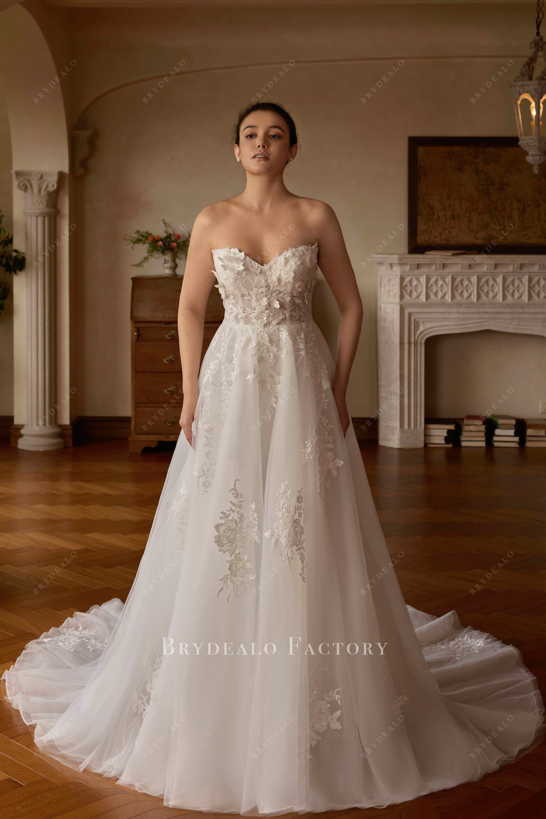 Strapless Sweetheart Beaded Lace A-Line Wedding Dress