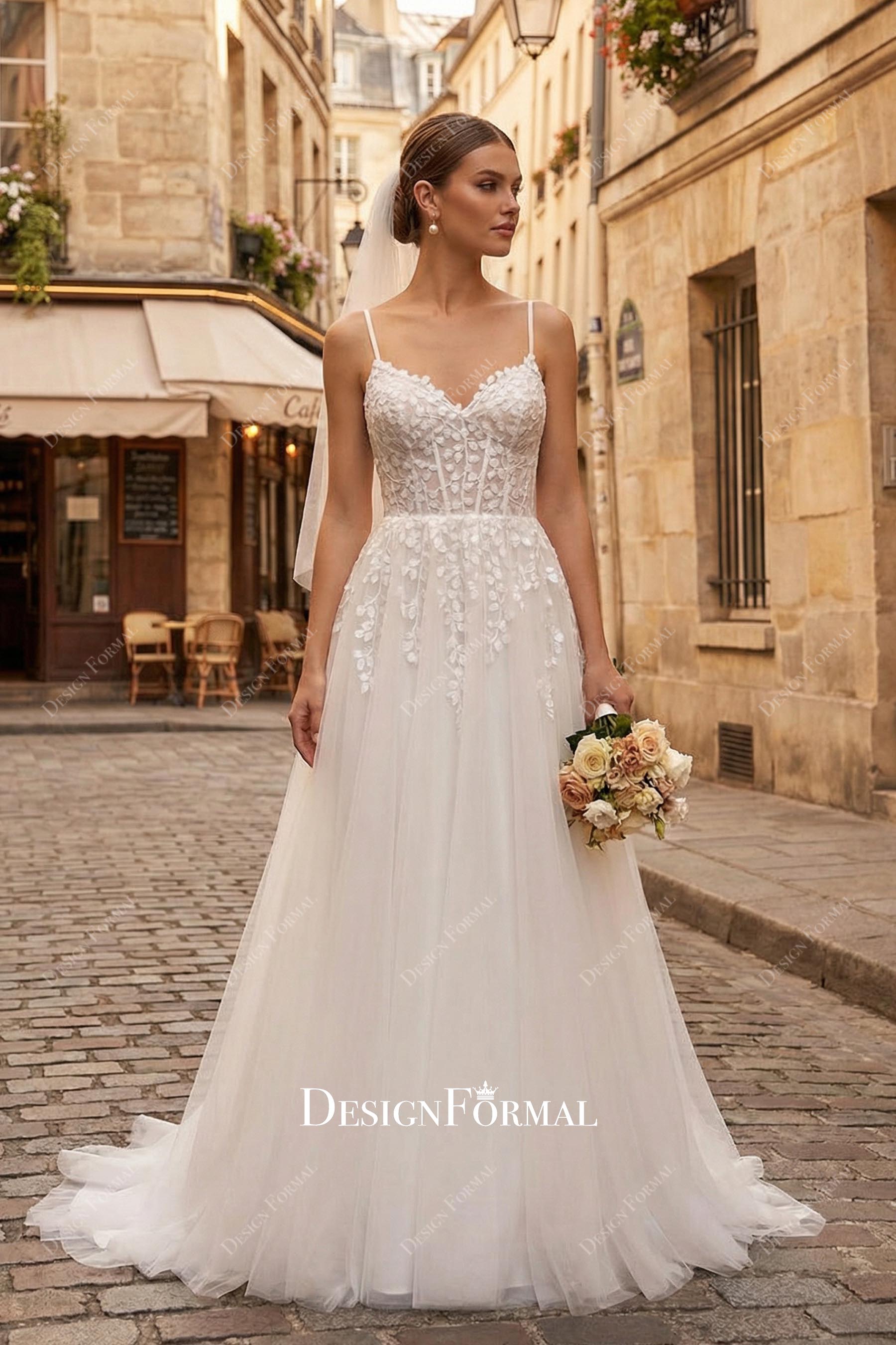 a line bridal dress Azazie Delaina Wedding It features a structured bodice with delicate beaded straps for an elegant touch Simple Floral A-Line Wedding Dress