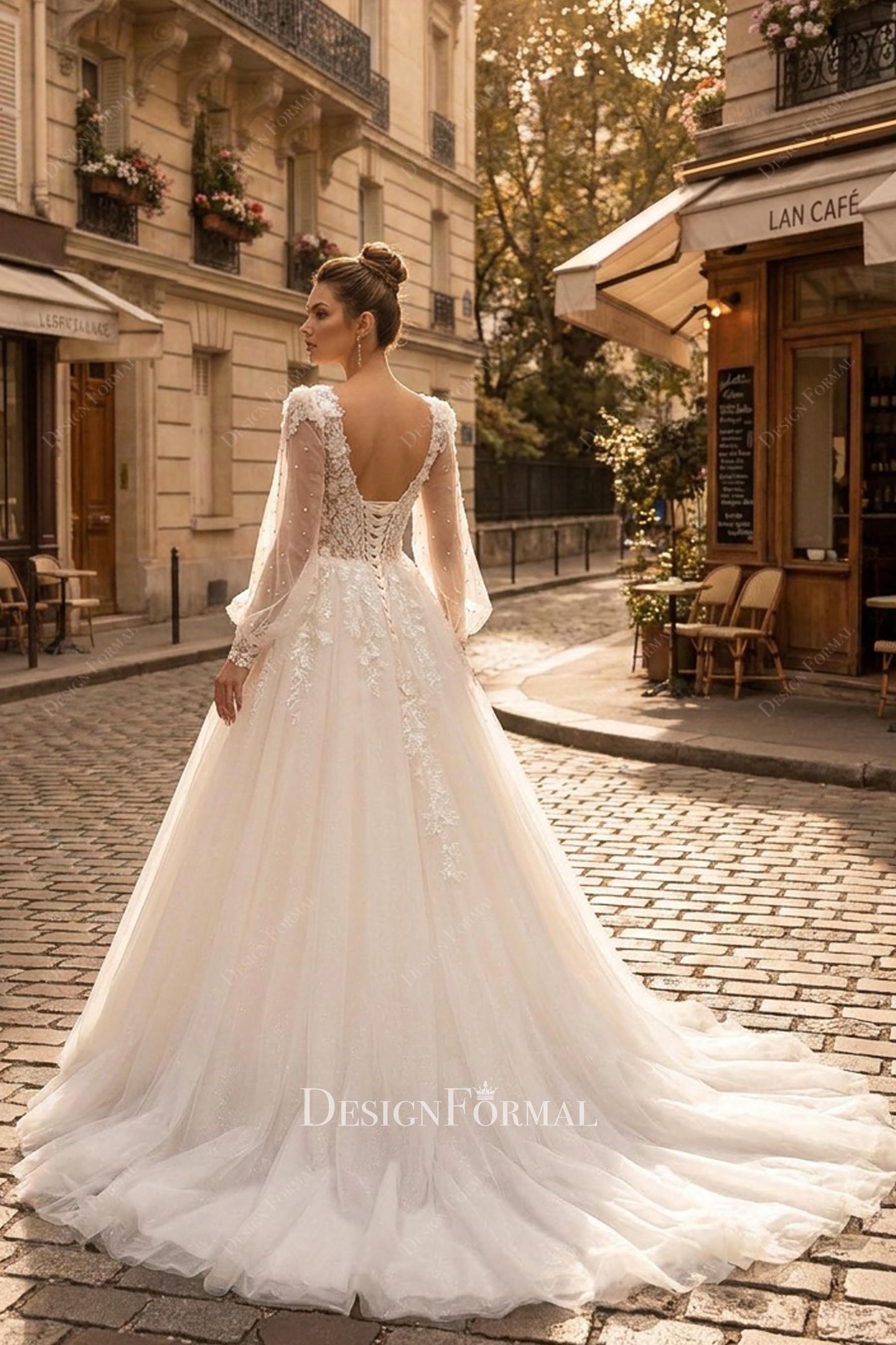 lace appliques a line long wedding dress