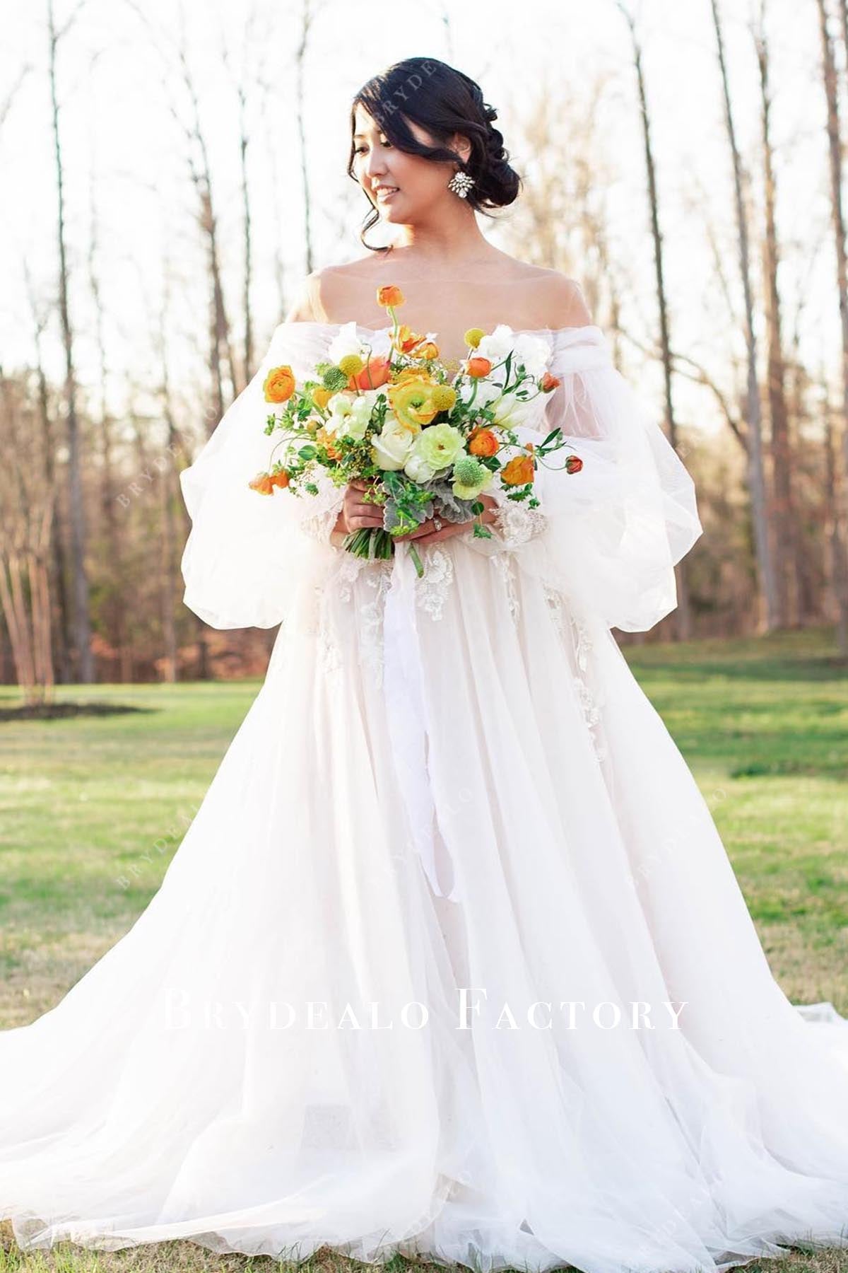 lace appliques a line wedding dress