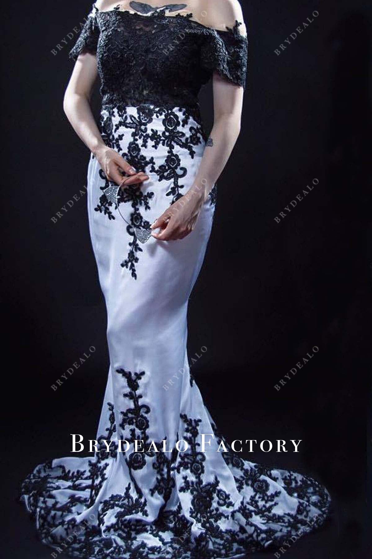 black and white mermaid wedding dresses Two-Tone Off Shoulder Sweep Train Mermaid Gothic Wedding Dress