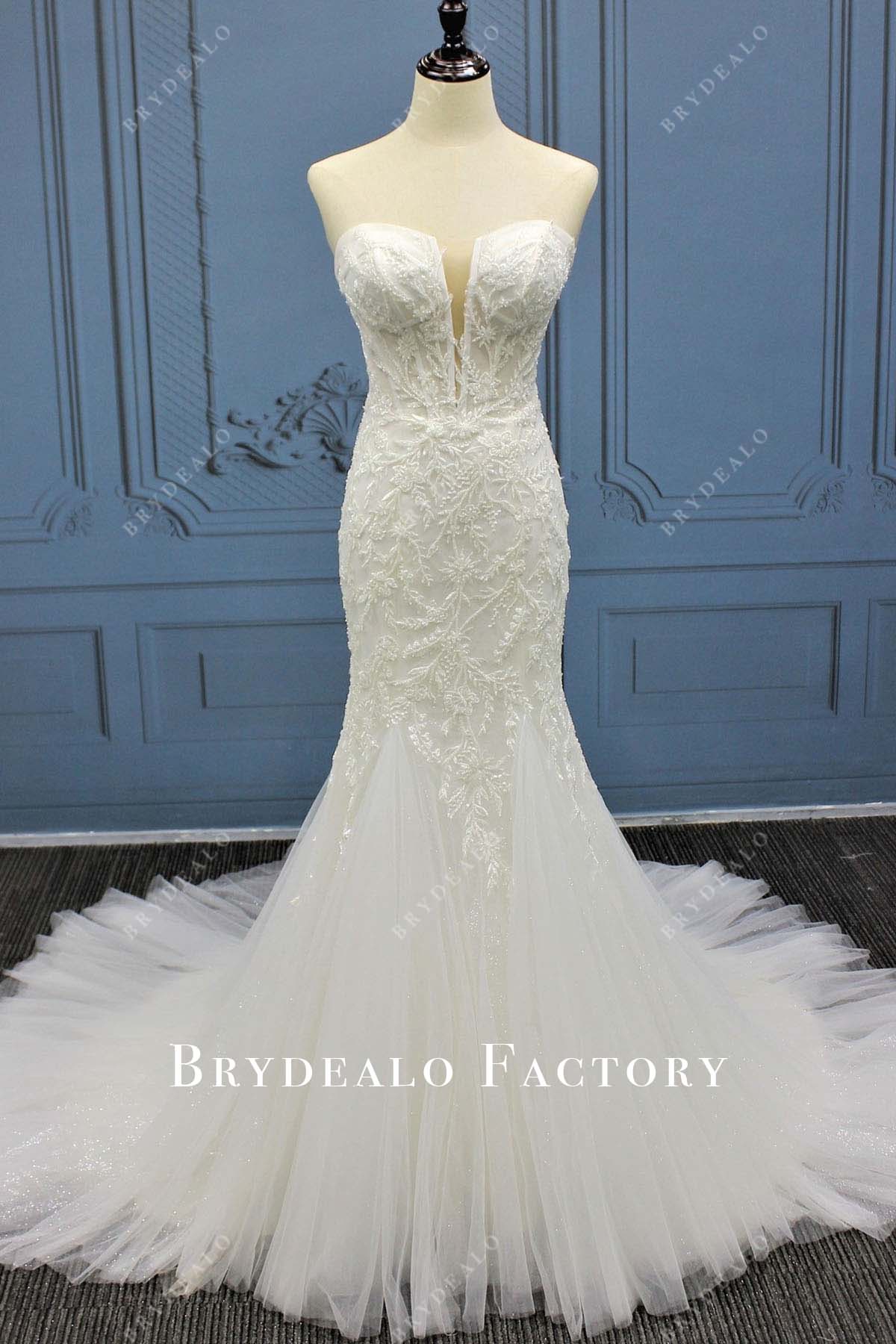 lace appliques strapless mermaid wedding dress