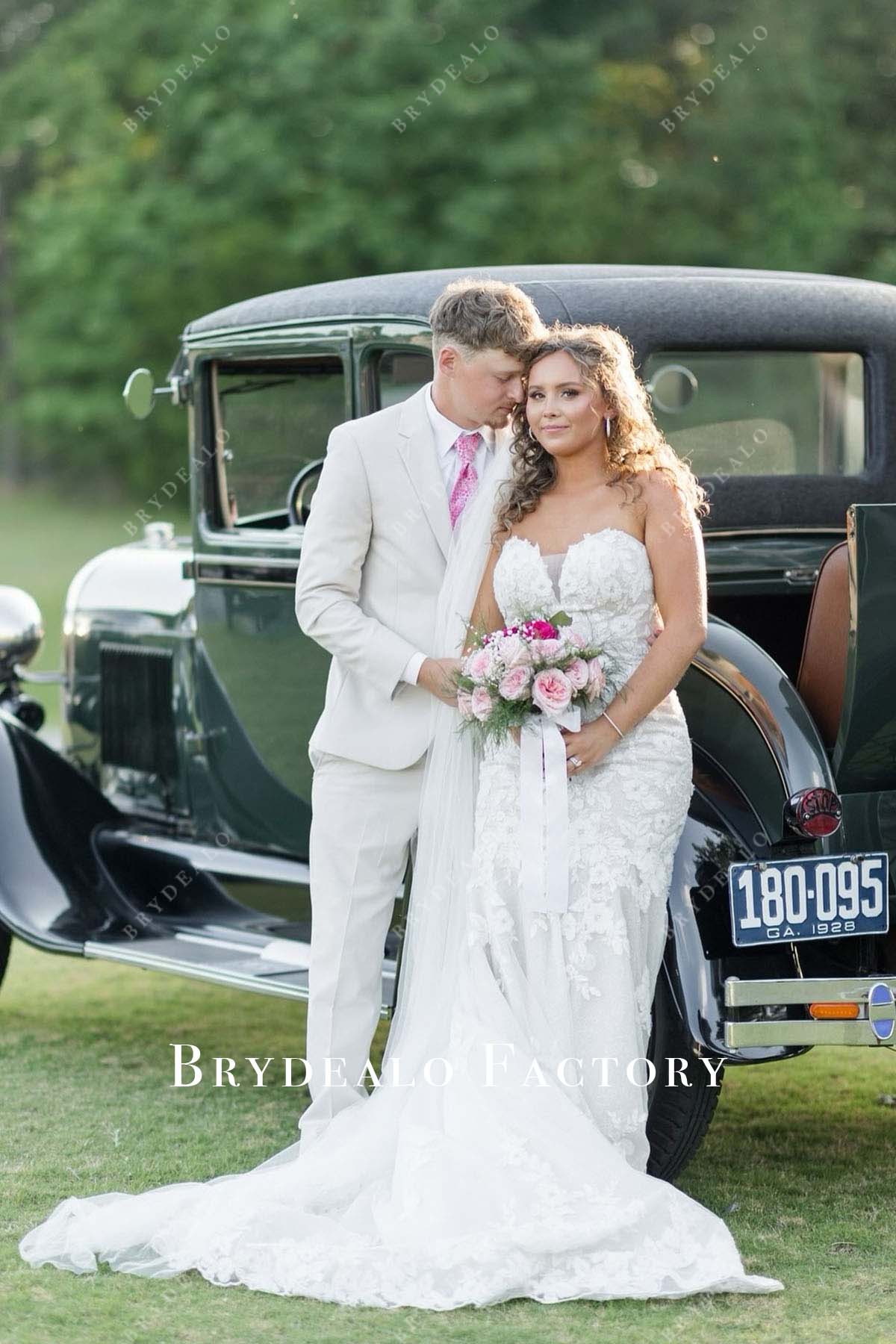 lace appliques strapless mermaid wedding dress