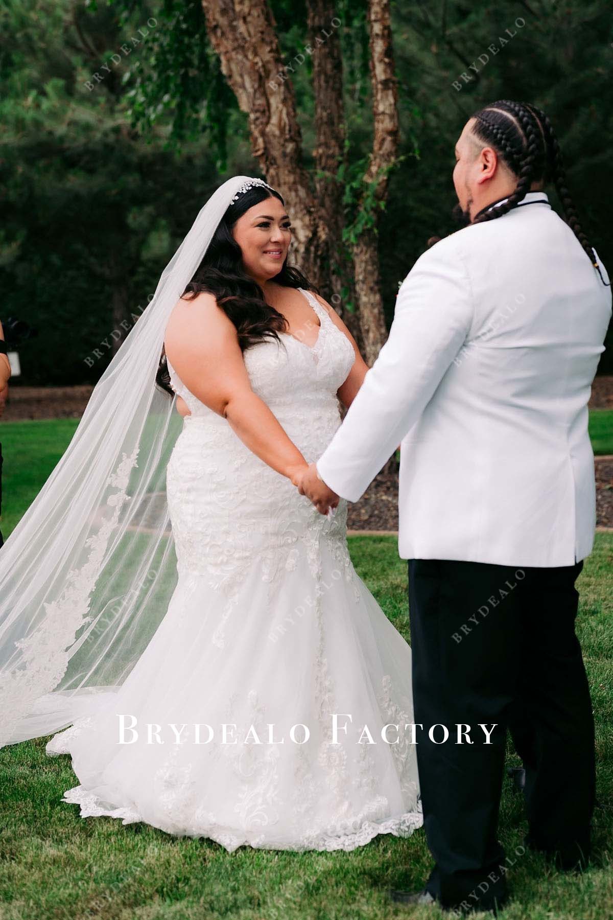 Lace Applique Top Long Bridesmaid Gown Terracotta Plus Size