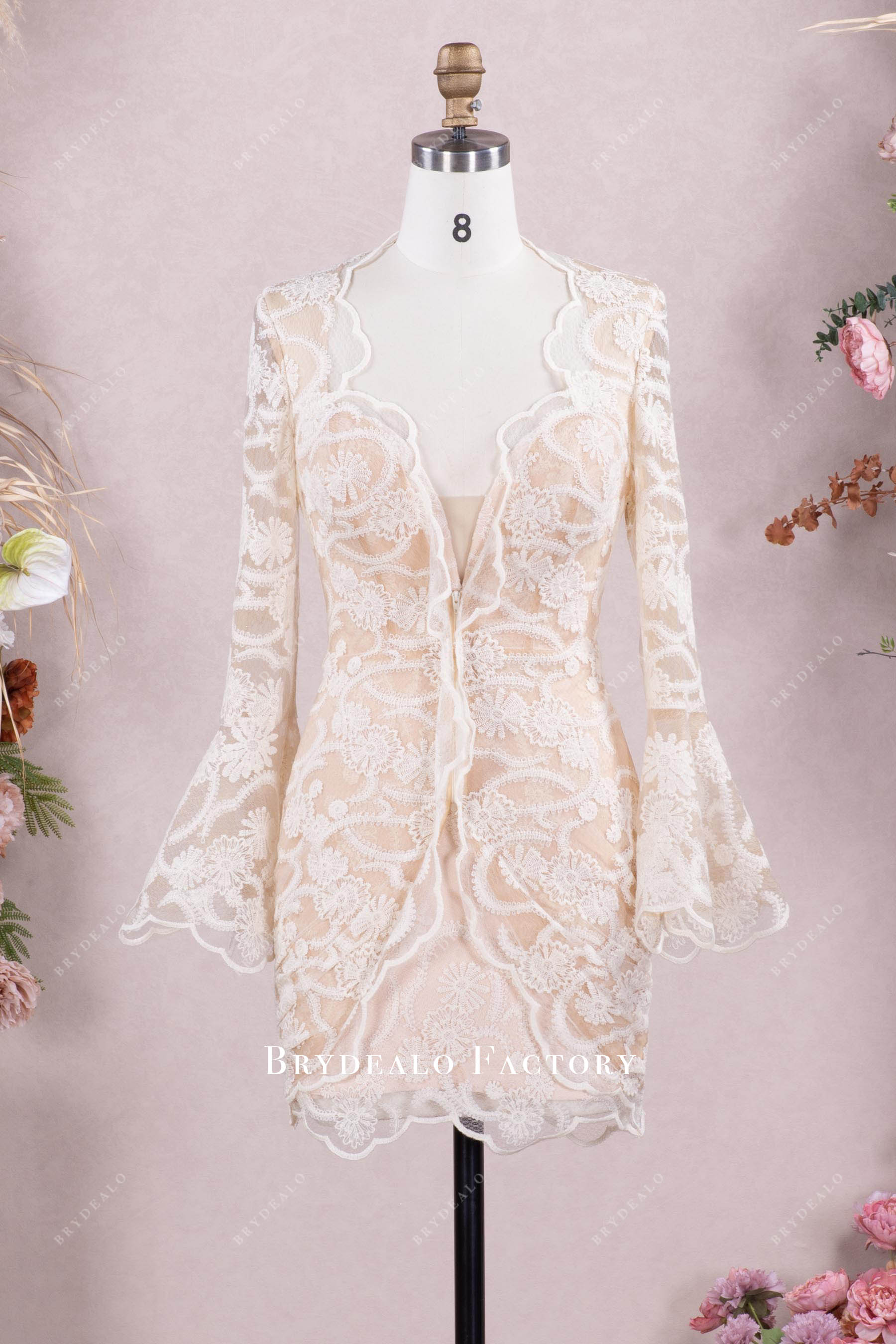 black one shoulder bodycon mini dress Ivory Lace Champagne Bell Sleeve After-Party Wedding Dress