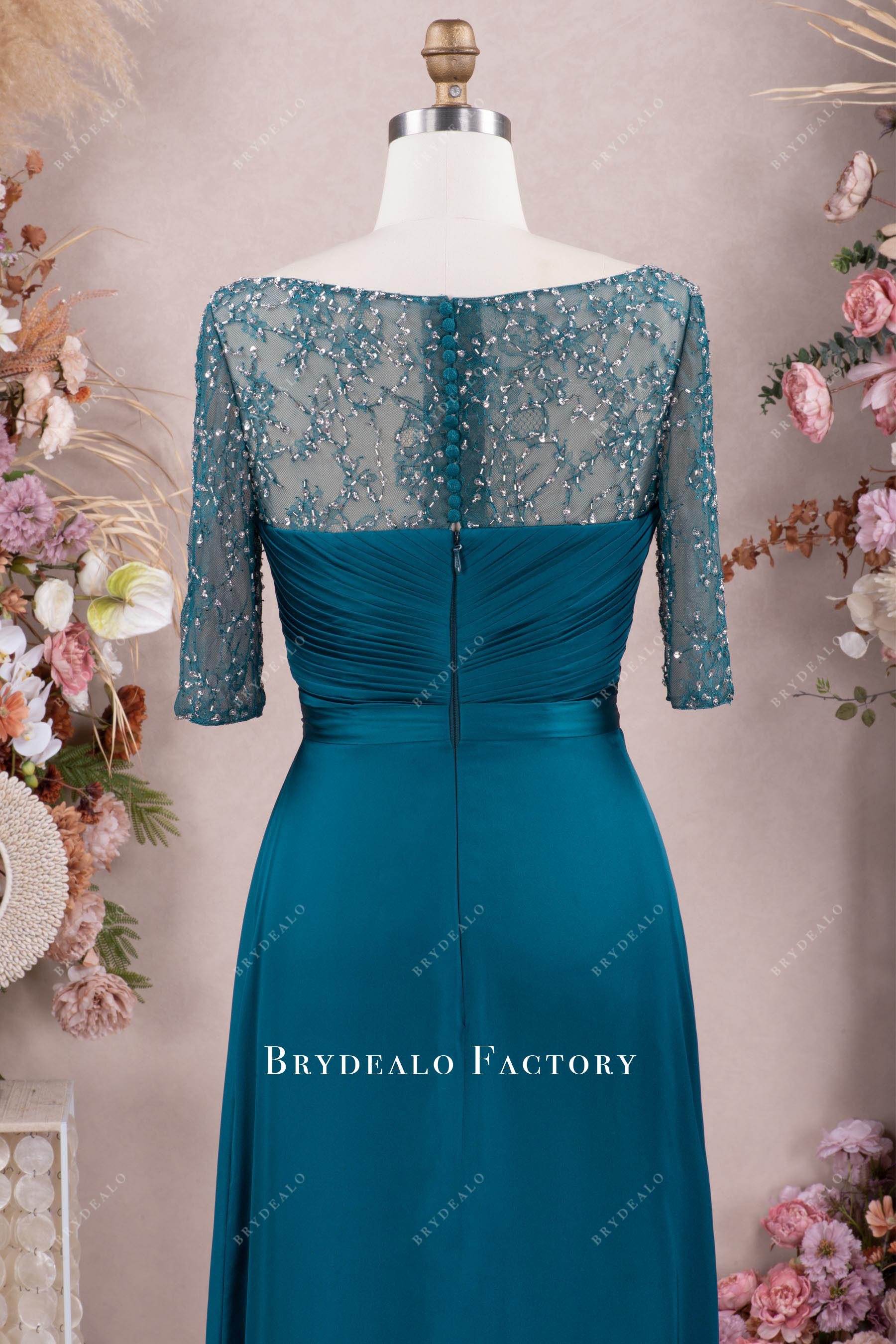 Rhinestones Peacock Lace Sleeves Chiffon Mother Of Bridal Dress