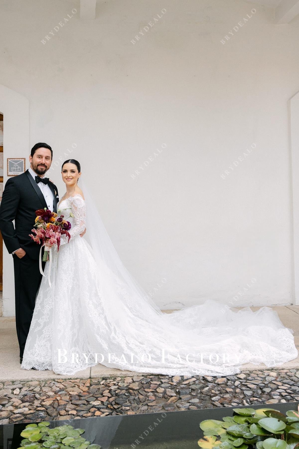 Lace Plunging A-Line Cathedral Train Wedding Dress Lace Plunging A-Line Cathedral Train Wedding Dress