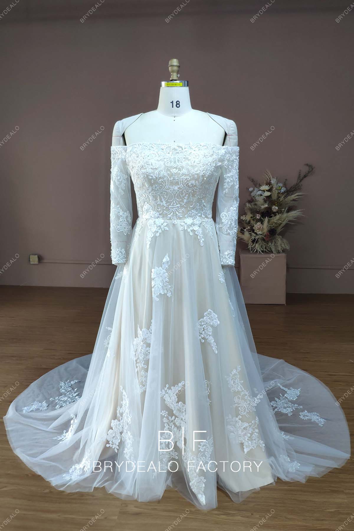 Designer Lace Off Shoulder Plus Size Champagne Destination Bridal Dress, White Designer Lace Off Shoulder Plus Size Champagne Destination Bridal Dress, White