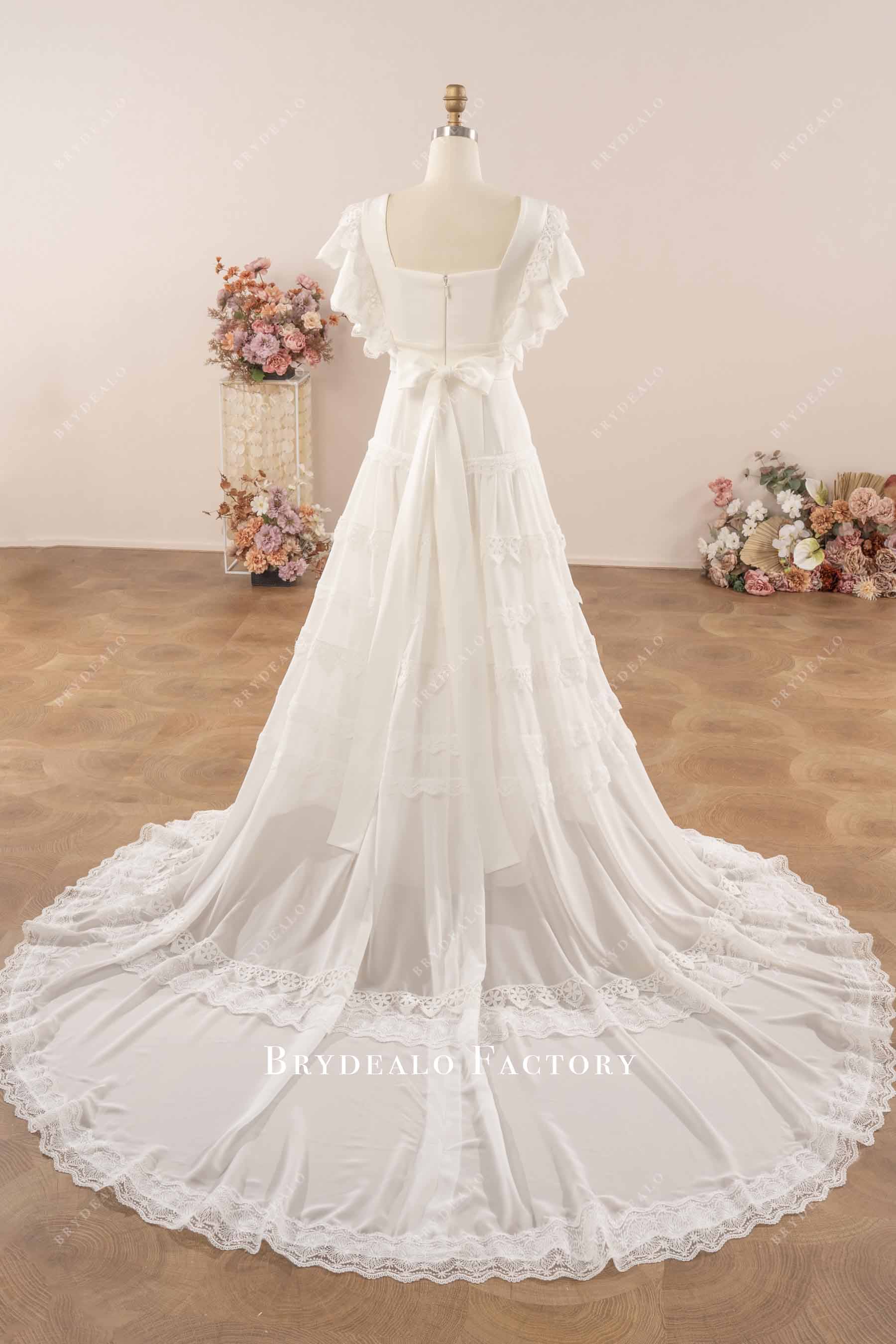 lace chapel train wedding gown