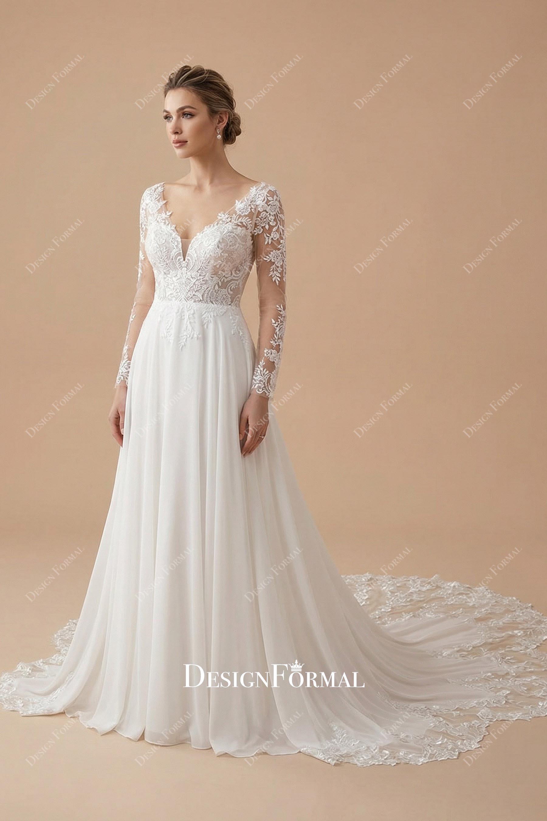 Beautiful Lace V-Neck Chiffon Cutout Long Train Country Wedding Dress