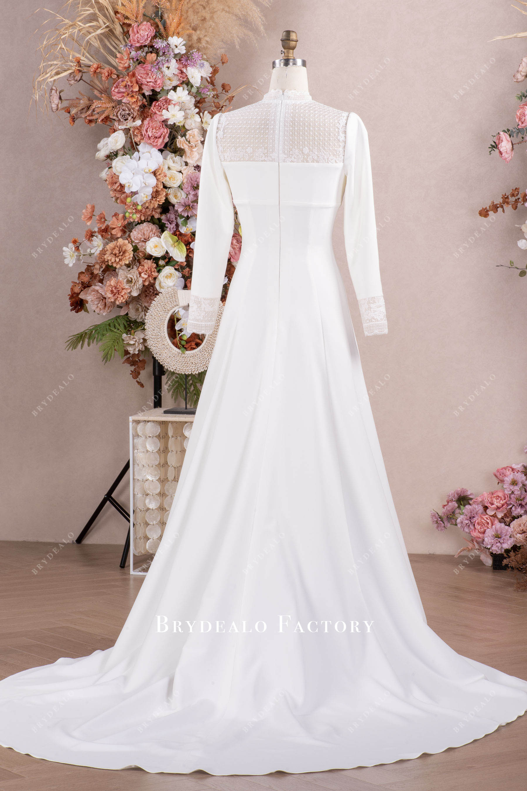lace crepe a line wedding dress
