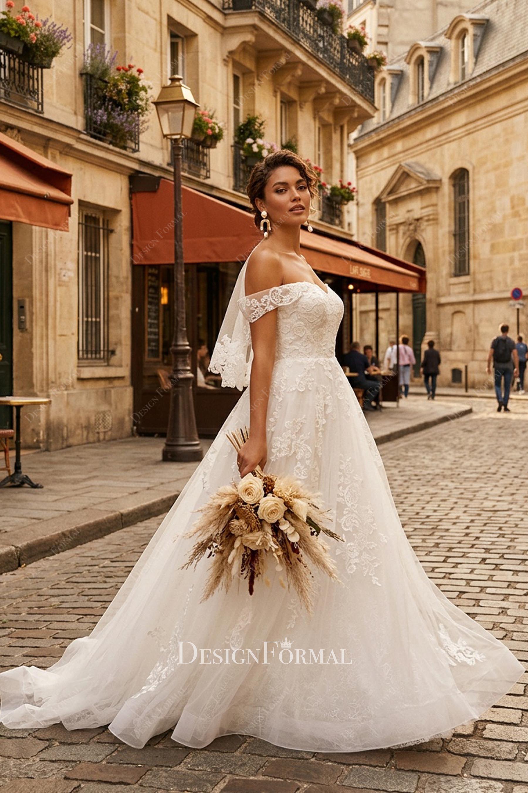 lace drop sleeve a line wedding dress