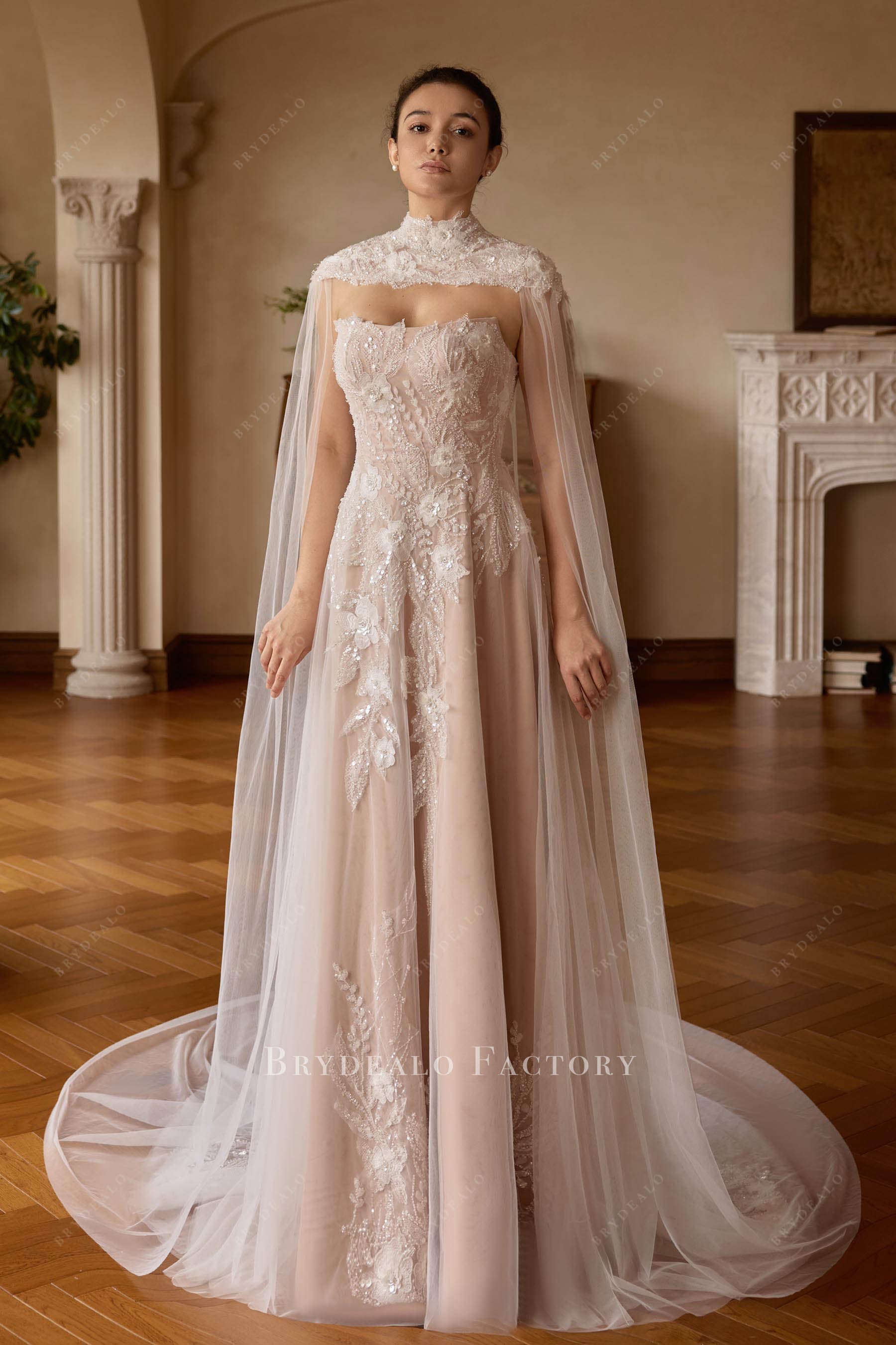 lace high neck cape wedding dress