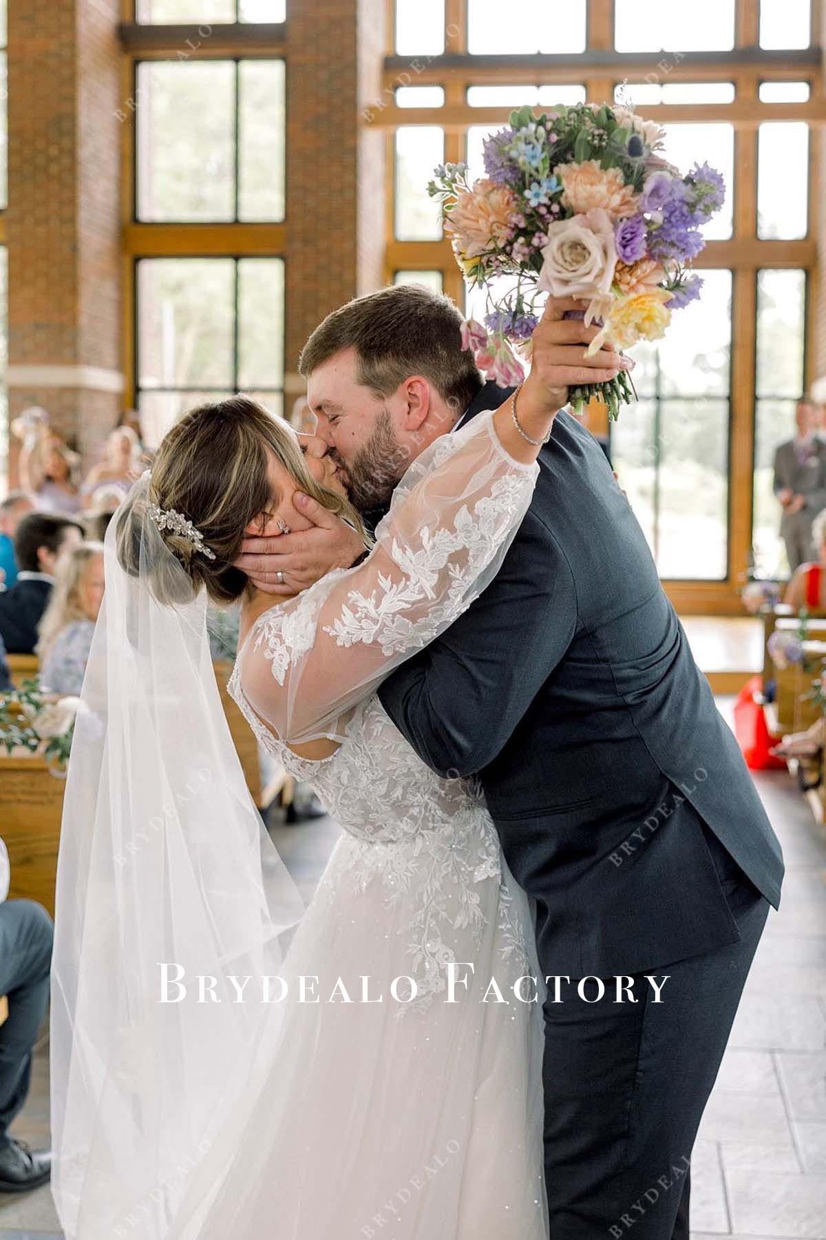 lace illusion sleeves wedding dress