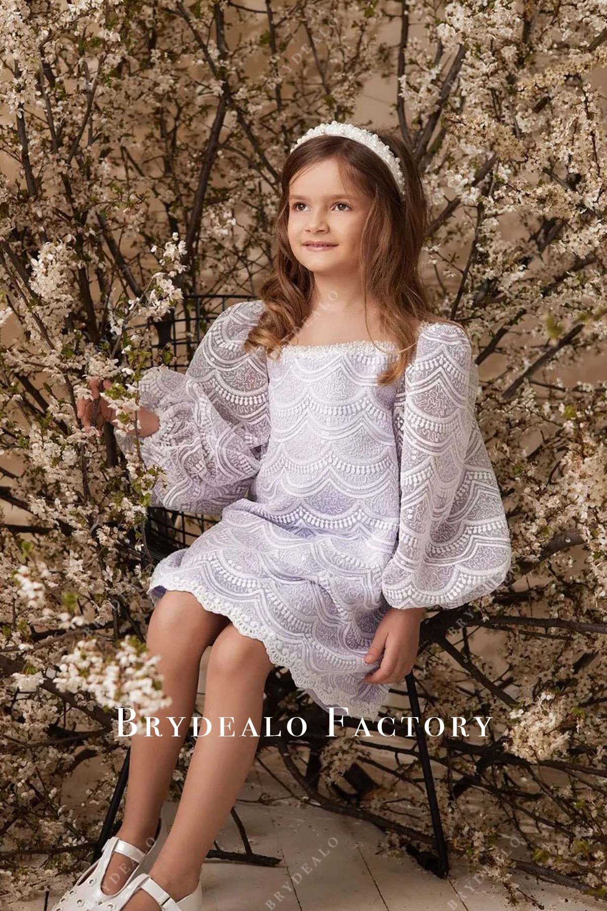 Lace Puffy Sleeves Lilac Loose Knee Length Flower Girl Dress Lace Puffy Sleeves Lilac Loose Knee Length Flower Girl Dress
