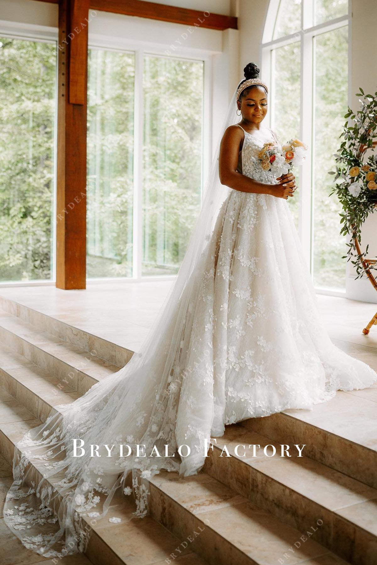 Delicate Floral Lace Thin Straps V-Neck A-Line Wedding Dress, Dress Only
